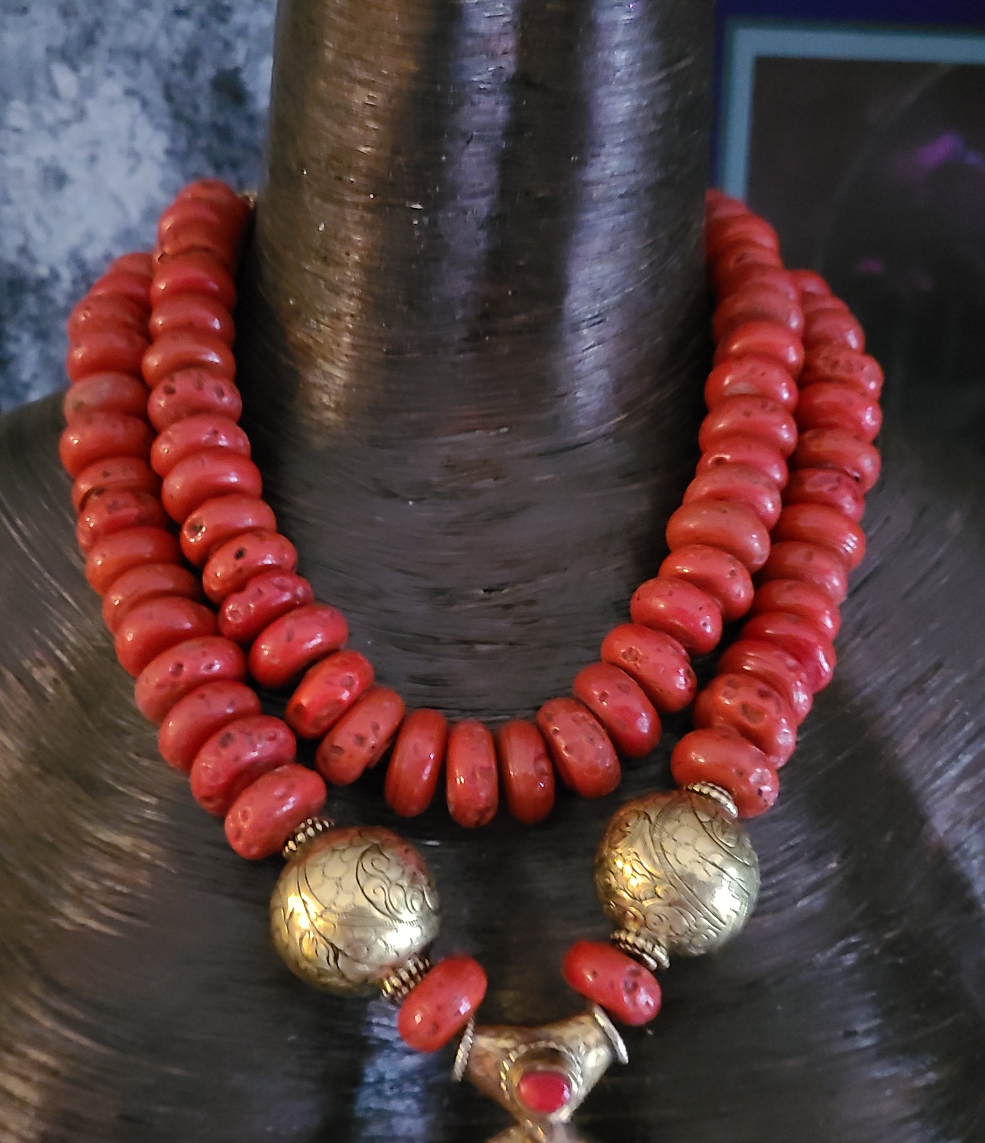 Tibetan Statement Necklace Tribal Amber Resin Ornate Brass Chinese Coin Copper & Krobo Glass Pendant Double Bird Brass Repousse