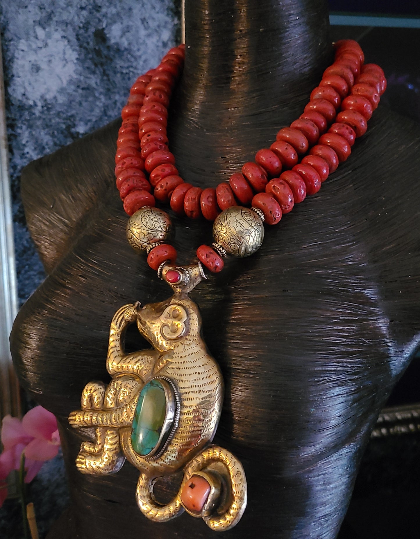 Red Glass Sherpa Beaded Tribal Necklace, Tibetan Brass Repousse Monkey Statement Pendant, Unisex Ethnic Neck Piece