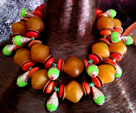 Jumbo Beaded African Tribal Necklace, Orange Green Red & Yellow Bold Chunky Summer Neck Piece, Tropical Vacation Neck Candy, Women of Color