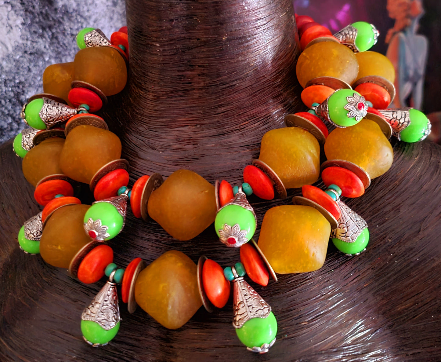 Jumbo Beaded African Tribal Necklace, Orange Green Red & Yellow Bold Chunky Summer Neck Piece, Tropical Vacation Neck Candy, Women of Color