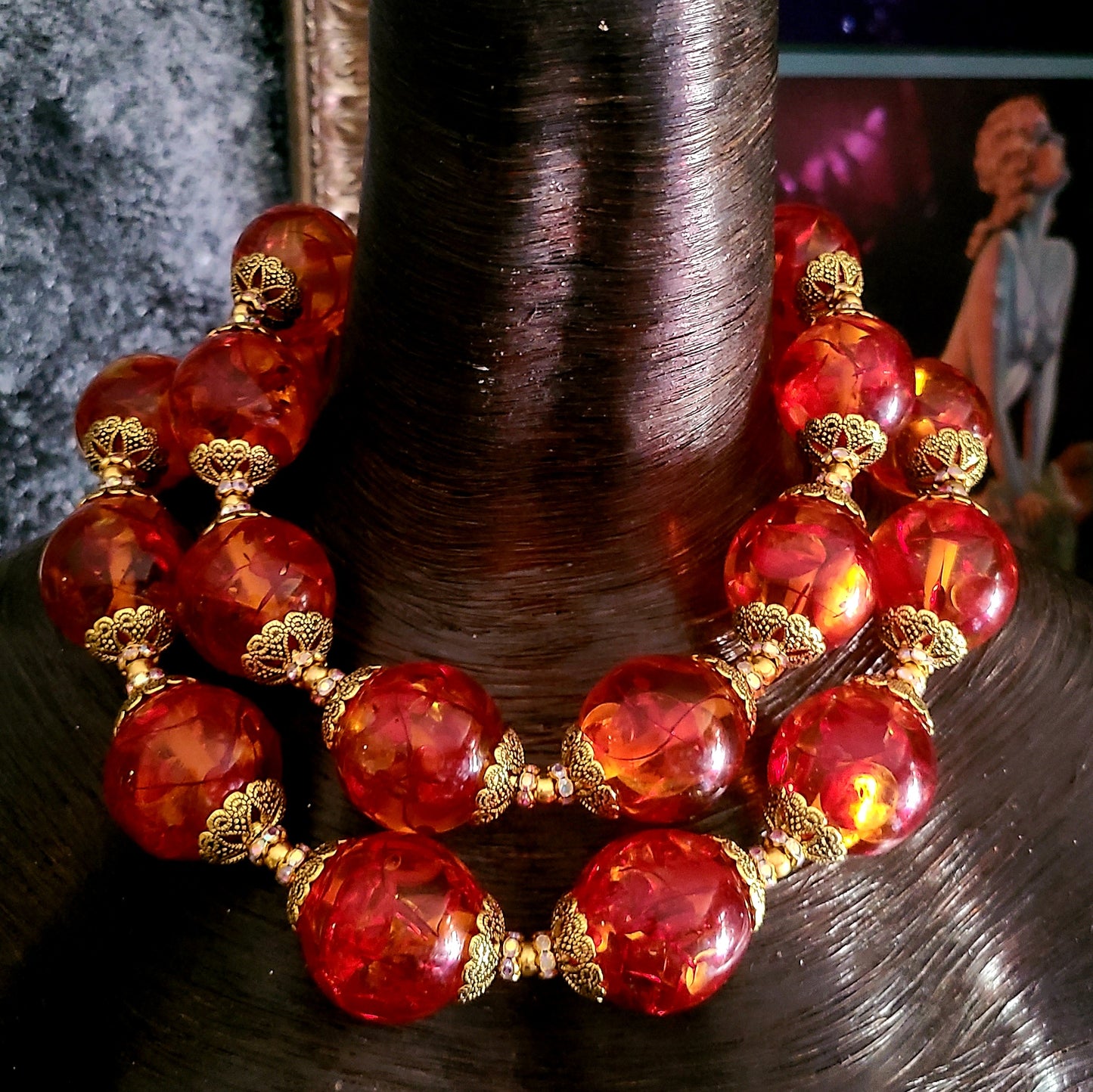 Jumbo Tibetan Resin & Gold Bead Cap Statement Necklace, Faux Amber Showstopper Choker, Anna Wintour Style Neck Piece, Oversized Neck Candy, Women of Color