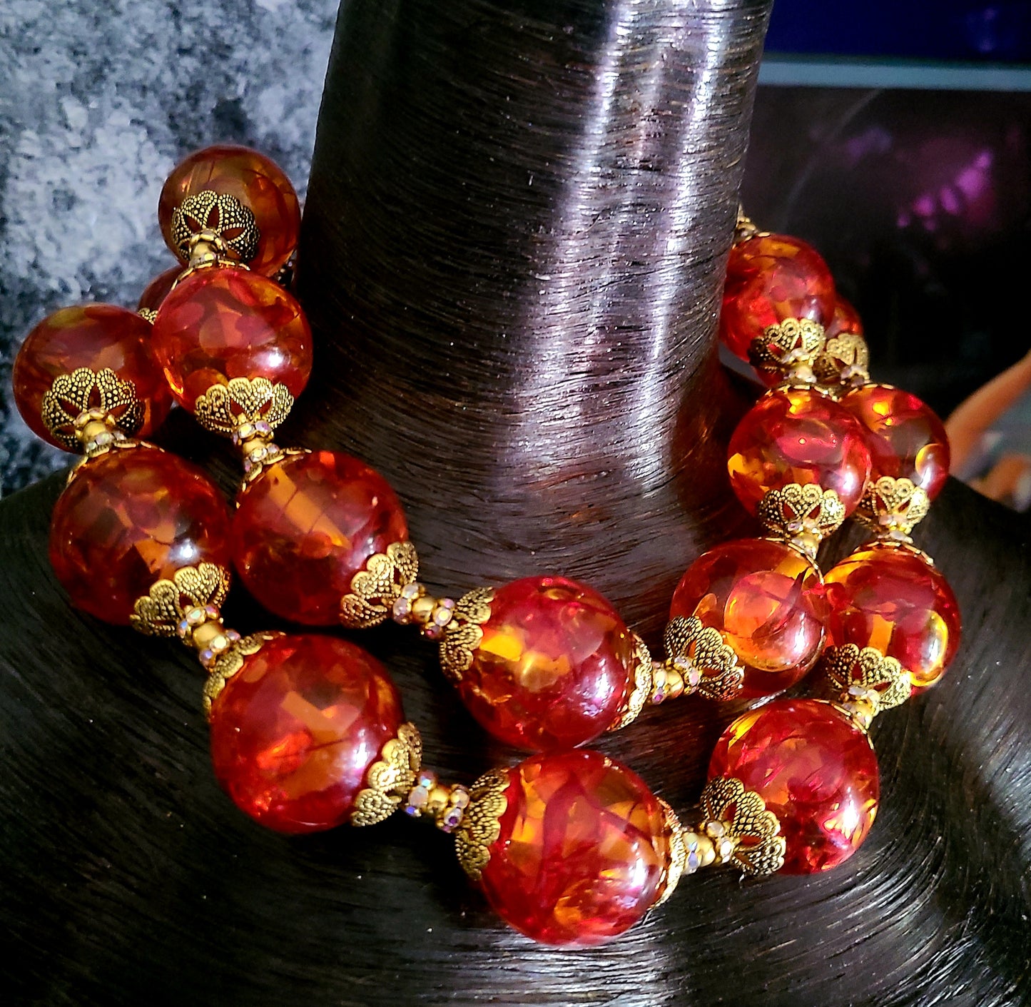 Jumbo Tibetan Resin & Gold Bead Cap Statement Necklace, Faux Amber Showstopper Choker, Anna Wintour Style Neck Piece, Oversized Neck Candy, Women of Color