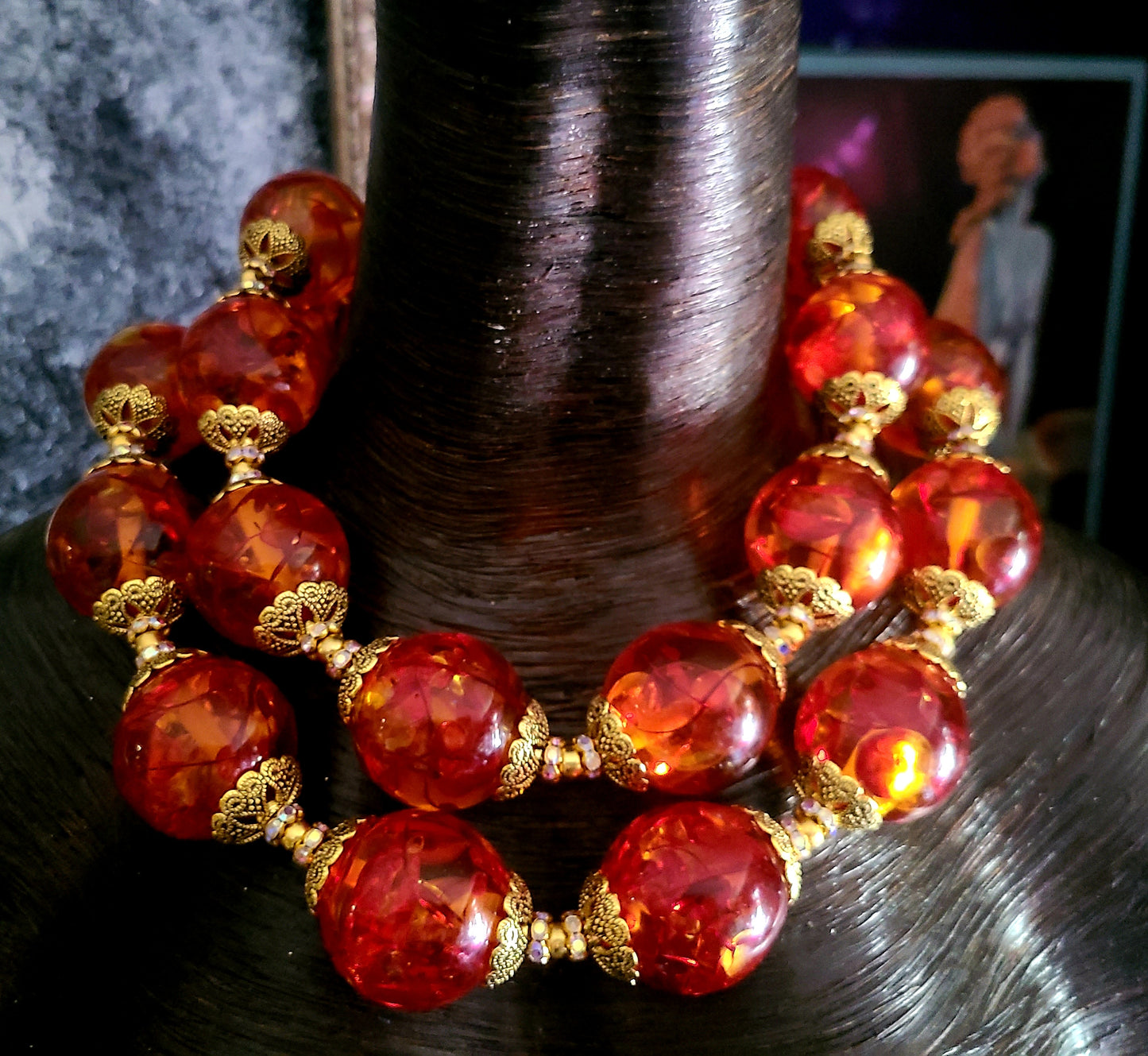 Jumbo Tibetan Resin & Gold Bead Cap Statement Necklace, Faux Amber Showstopper Choker, Anna Wintour Style Neck Piece, Oversized Neck Candy, Women of Color