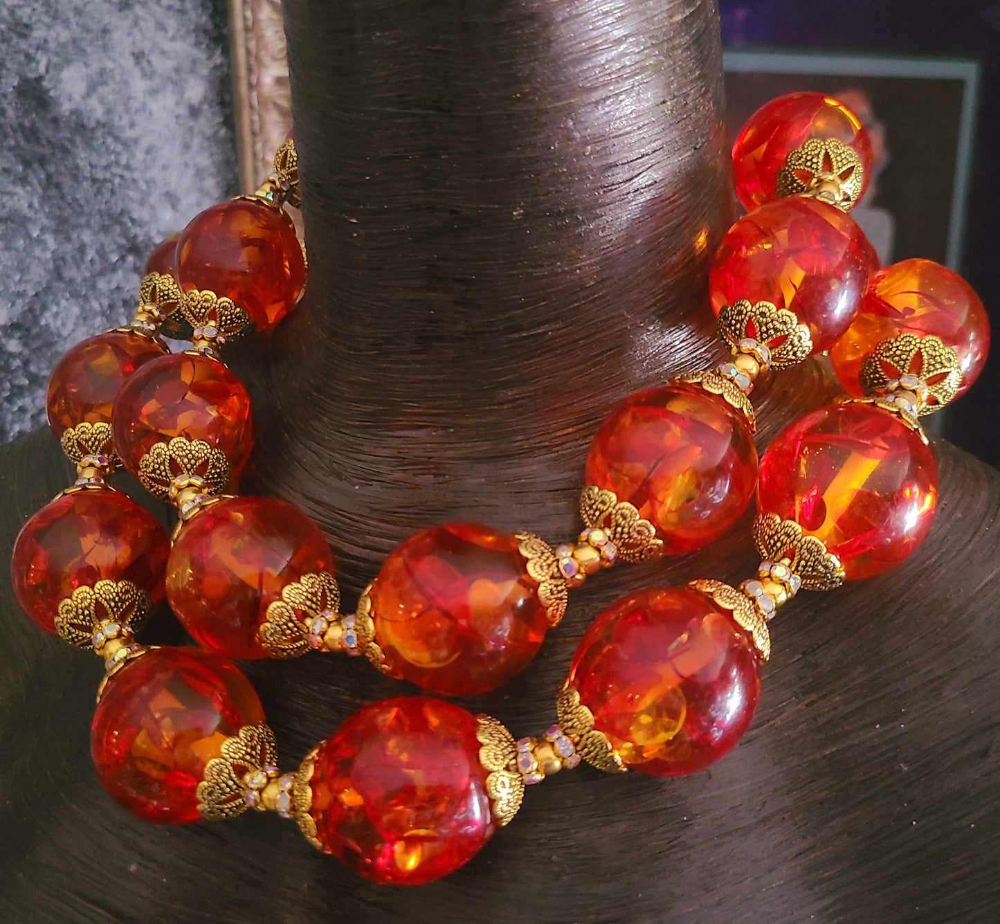 Jumbo Tibetan Resin & Gold Bead Cap Statement Necklace, Faux Amber Showstopper Choker, Anna Wintour Style Neck Piece, Oversized Neck Candy, Women of Color