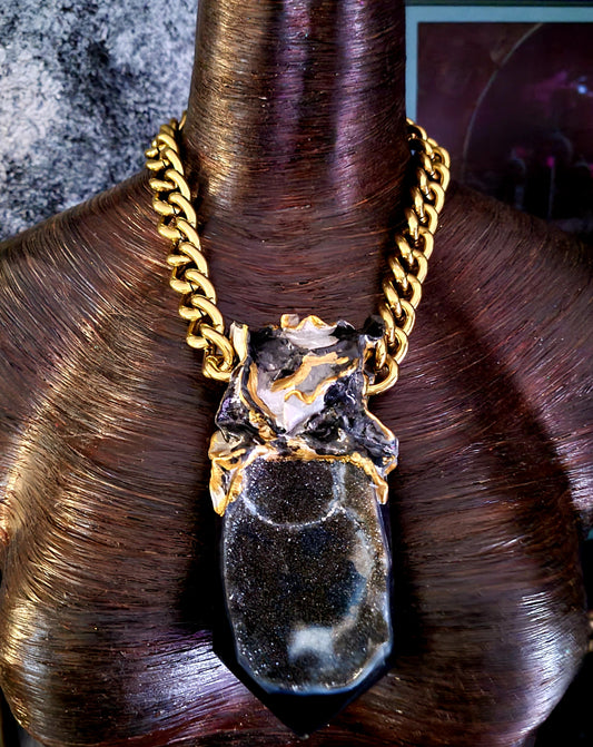 Heavily Crystallized Druzy Agate Chest Piece, Black & Gold Gemstone Tower Statement Pendant, Black and Gold Pagan Amulet, Healing Stone, Bold Brass Chain