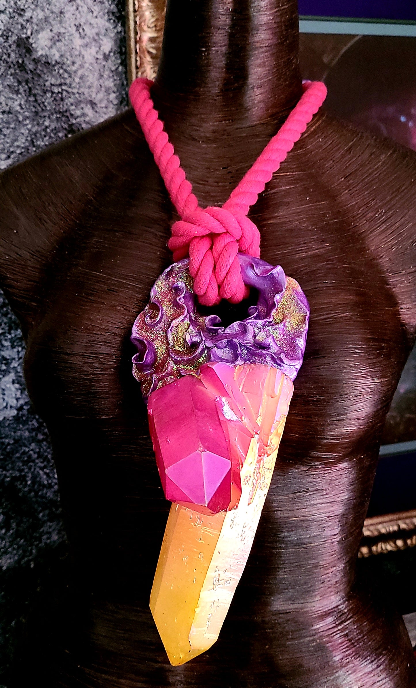 Yellow Fuschia Aura Quartz Massive Gemstone Sculpted Pendant, Hot Pink Gemstone Rope Amulet, Pagan Love Stone