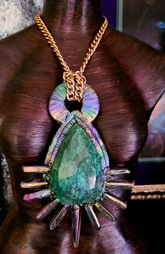 Massive Faceted Emerald & Crystal Teardrop Sculpted Pendant, Haute Couture Sunburst Gemstone Talisman, Awards Show Showstopper Accessory