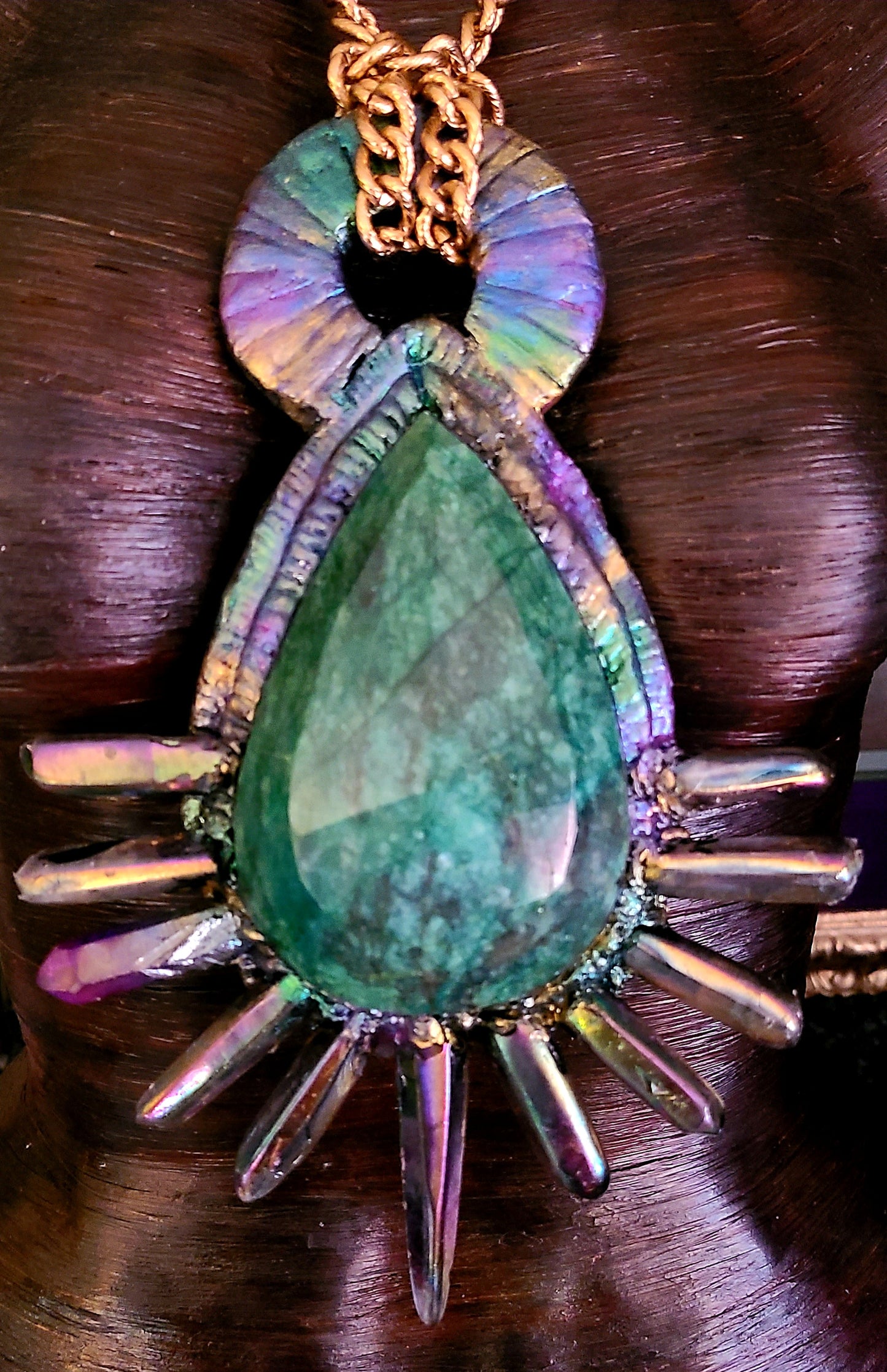 Massive Faceted Emerald & Crystal Teardrop Sculpted Pendant, Haute Couture Sunburst Gemstone Talisman, Awards Show Showstopper Accessory