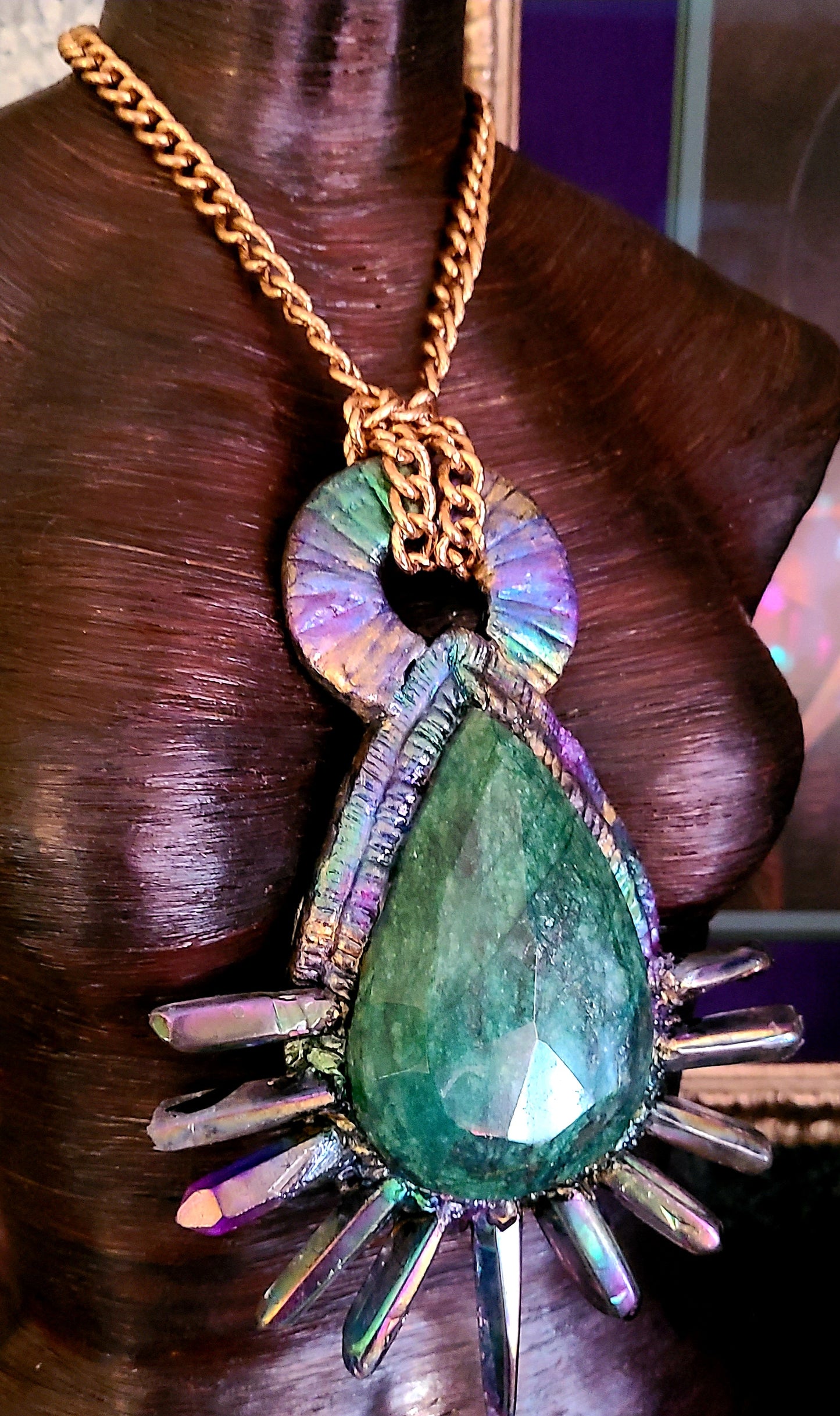 Massive Faceted Emerald & Crystal Teardrop Sculpted Pendant, Haute Couture Sunburst Gemstone Talisman, Awards Show Showstopper Accessory