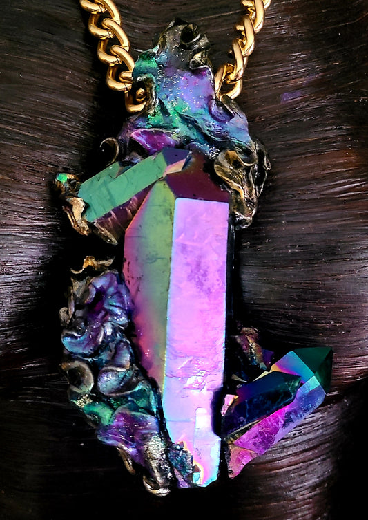 Massive Titanium Jewel Tone Quartz Sculpted Amulet, Rough Rainbow Crystal Gemstone Statement Pendant, Flashy Pagan Talisman