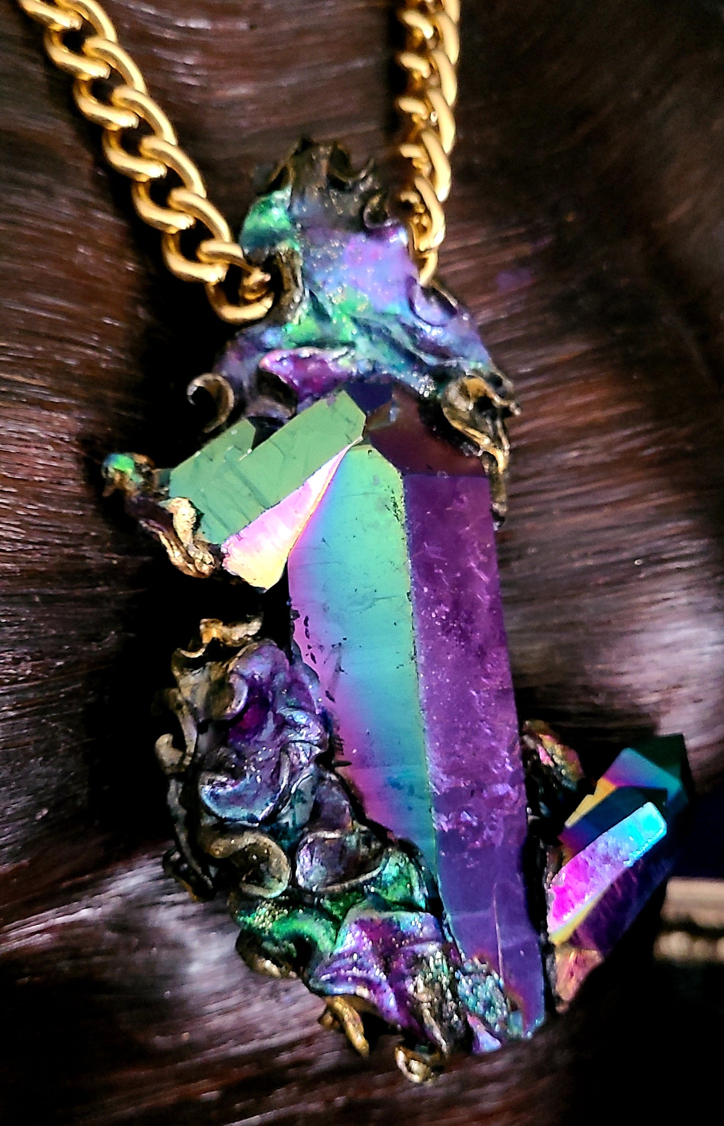 Massive Titanium Jewel Tone Quartz Sculpted Amulet, Rough Rainbow Crystal Gemstone Statement Pendant, Flashy Pagan Talisman