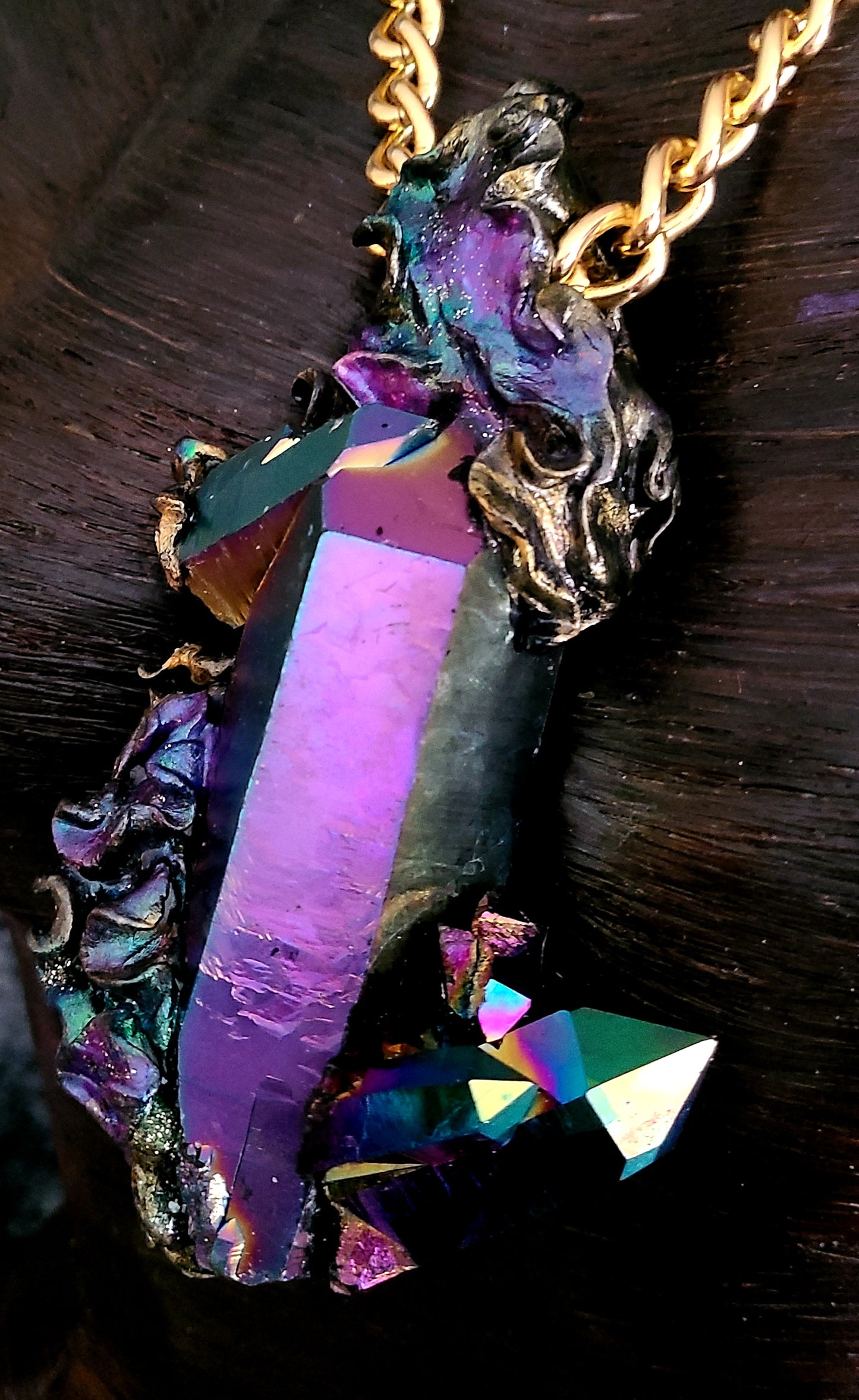 Massive Titanium Jewel Tone Quartz Sculpted Amulet, Rough Rainbow Crystal Gemstone Statement Pendant, Flashy Pagan Talisman