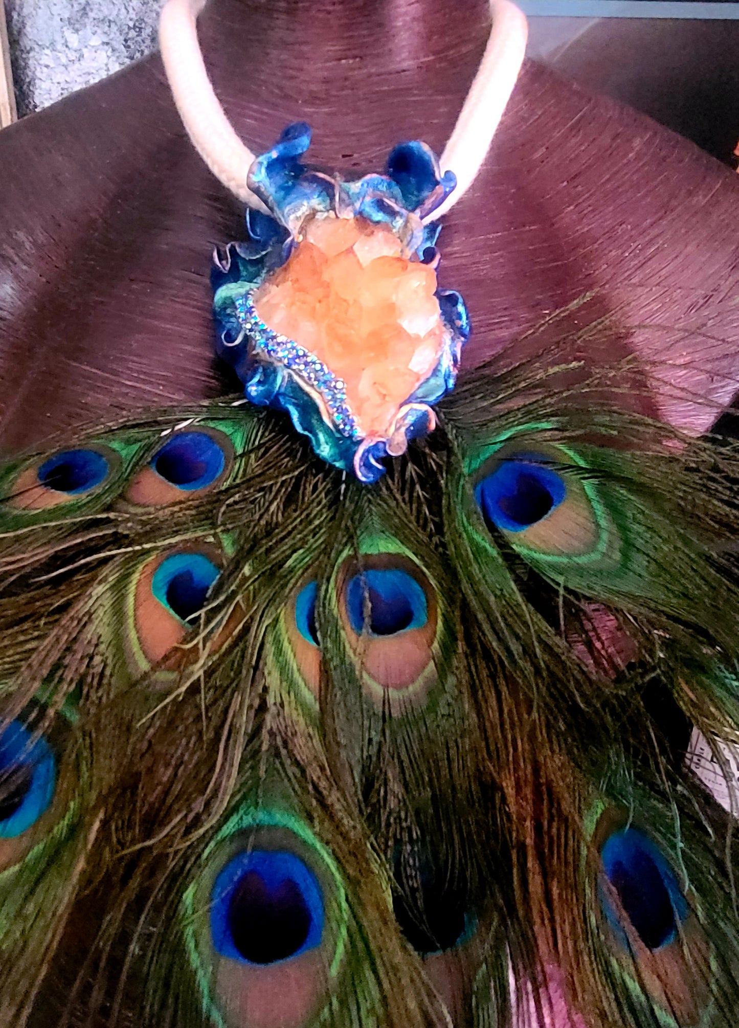 Peacock Feather Chest Piece, Rough Citrine Sculpted Rope Pendant, Avant Garde Talisman, Boho Festival Jewelry