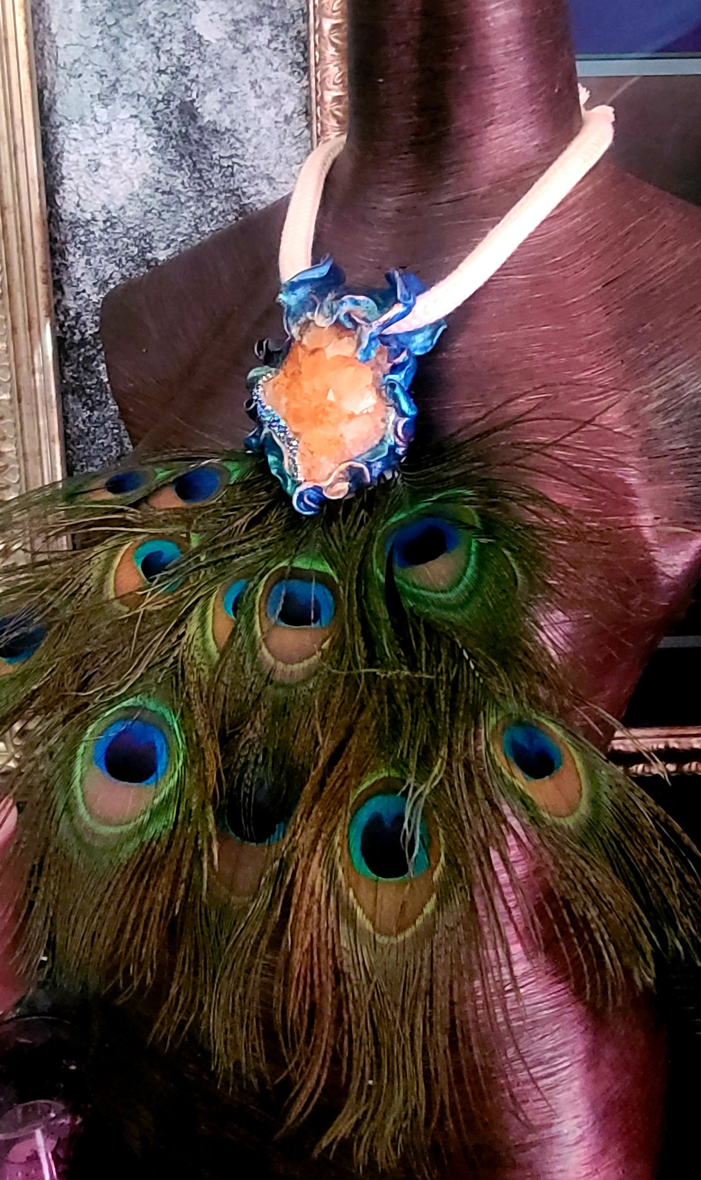 Peacock Feather Chest Piece, Rough Citrine Sculpted Rope Pendant, Avant Garde Talisman, Boho Festival Jewelry