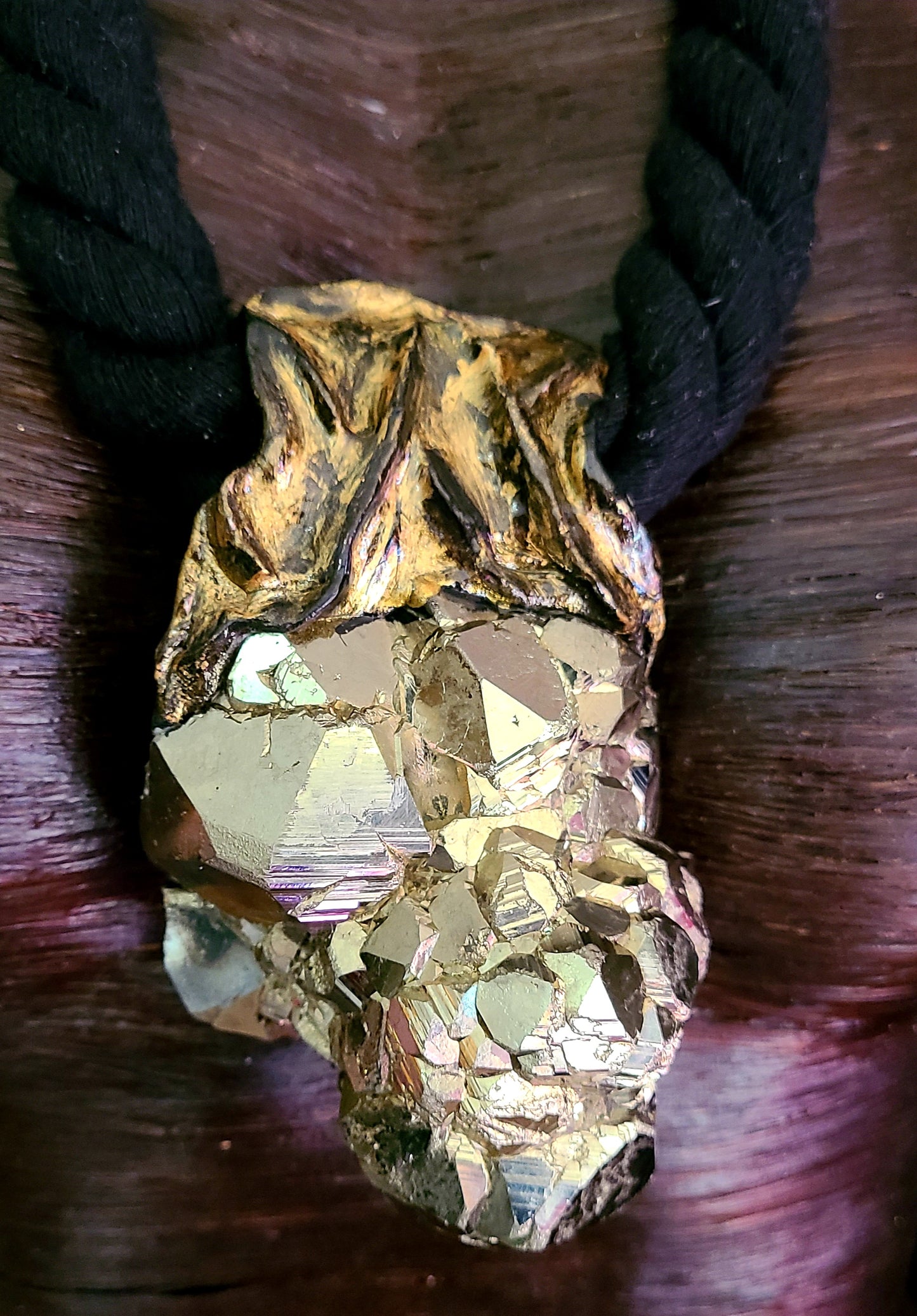 Luxury Rough Pyrite Black Rope Statement Pendant, Unisex Fools Gold Nugget Chest Piece, Mens Golden Talisman, Raw Textured Gemstone Amulet, Lavalier