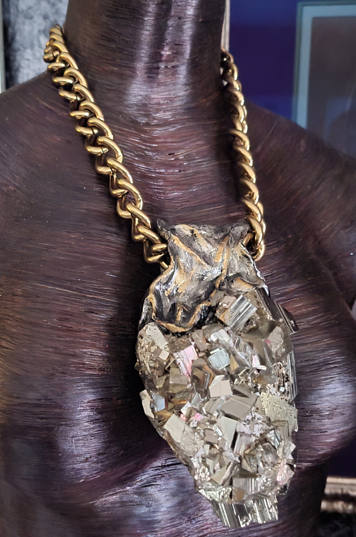 Huge Pyrite Sculpted Statement Pendant, Silver Gold Crystal Amulet, Flashy Gemstone Hip Hop Chest Piece, Mens Rocker Chic Accessory, R & B Jewelry