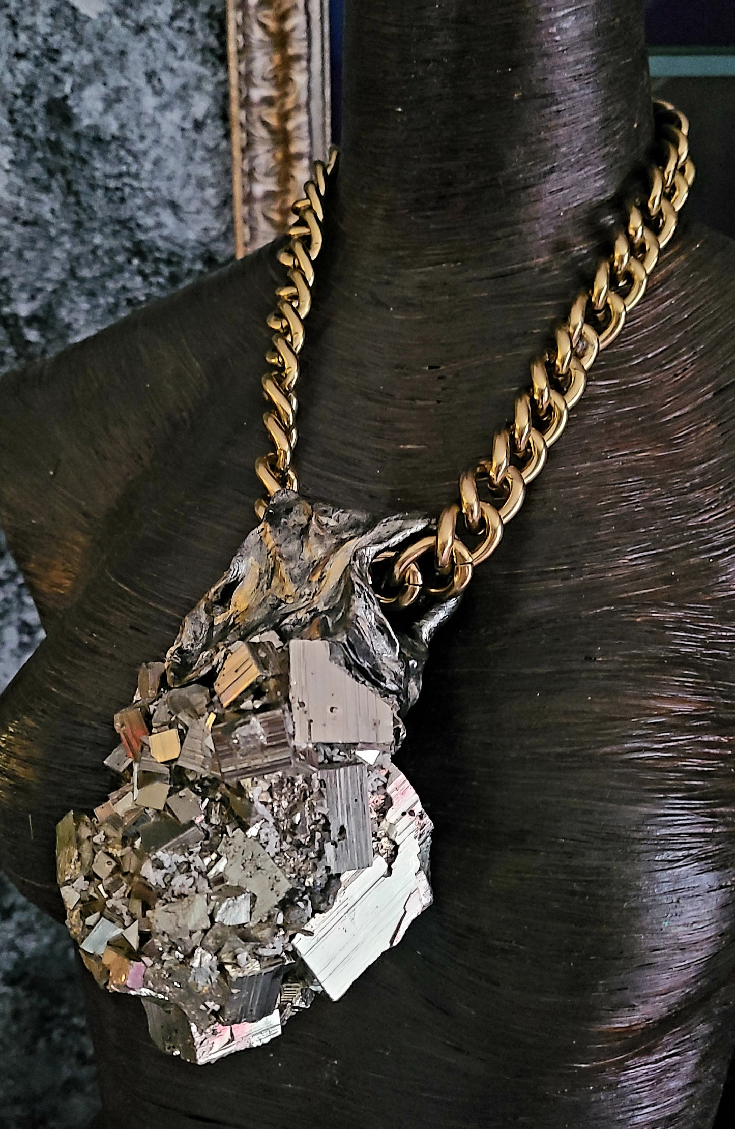 Huge Pyrite Sculpted Statement Pendant, Silver Gold Crystal Amulet, Flashy Gemstone Hip Hop Chest Piece, Mens Rocker Chic Accessory, R & B Jewelry