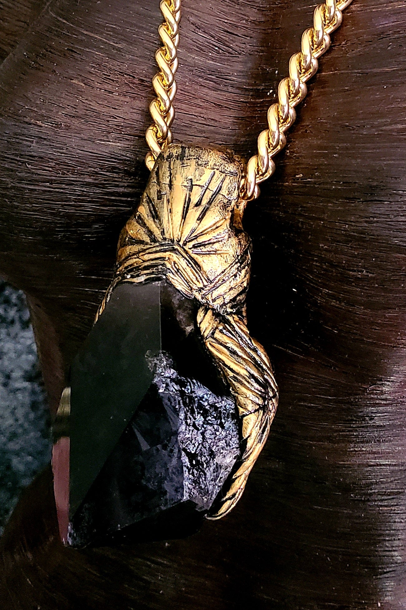 Smoky Quartz Point Sculpted Art Deco Pendant, Mens Gemstone Chest Piece, Polished & Rough Stone Amulet, High End Crystal Jewelry