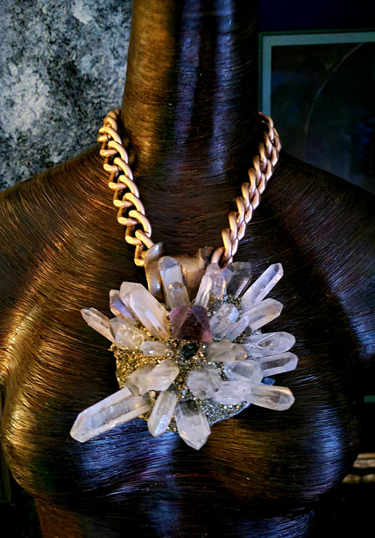 Quartz Fluorite & Pyrite Sculpted Sunburst Pendant, Hip Hop Gemstone Chest Piece, Multi Gemstone Amulet, Avant Garde Talisman, Spiky Pagan Accessory