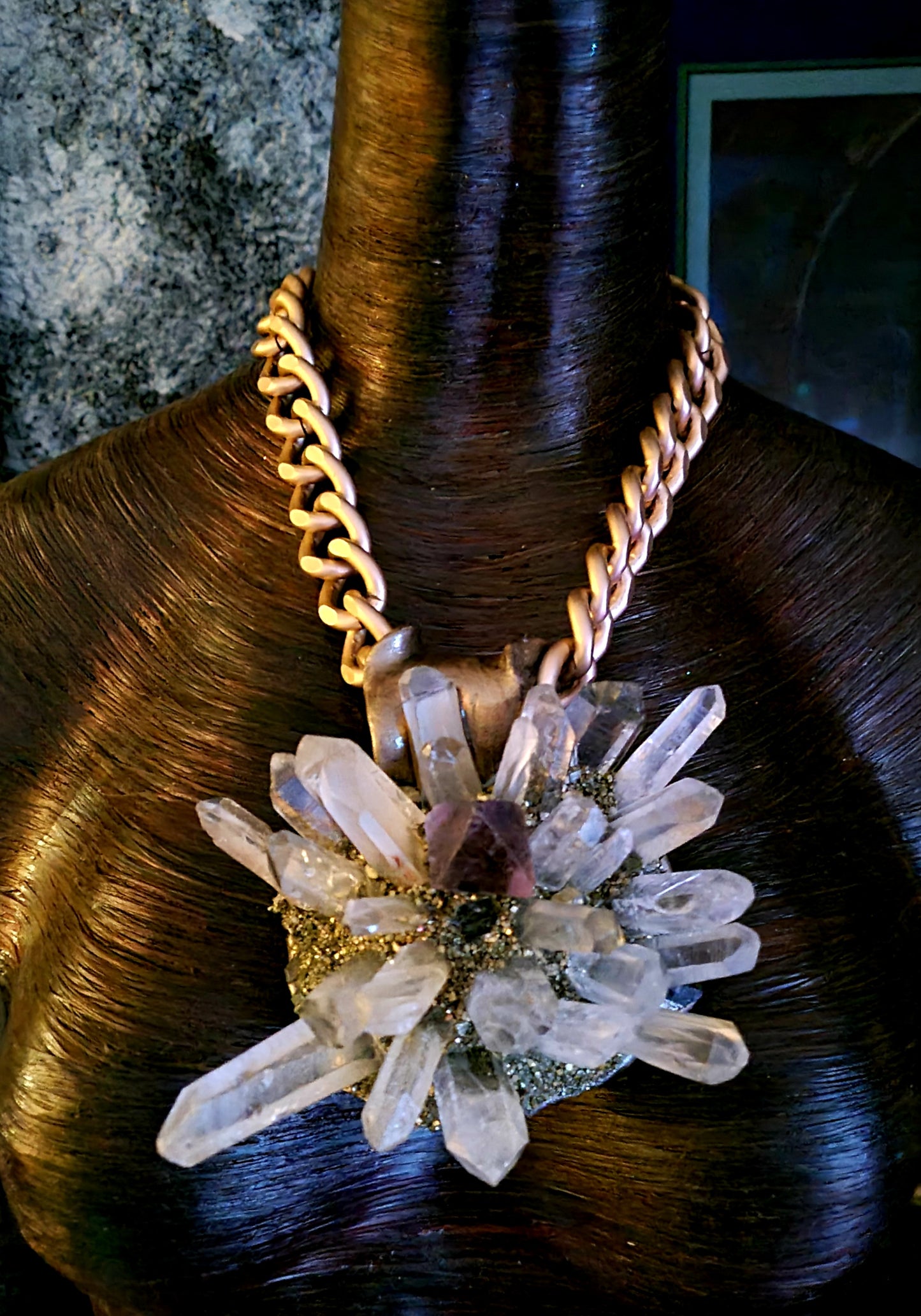 Quartz Fluorite & Pyrite Sculpted Sunburst Pendant, Hip Hop Gemstone Chest Piece, Multi Gemstone Amulet, Avant Garde Talisman, Spiky Pagan Accessory