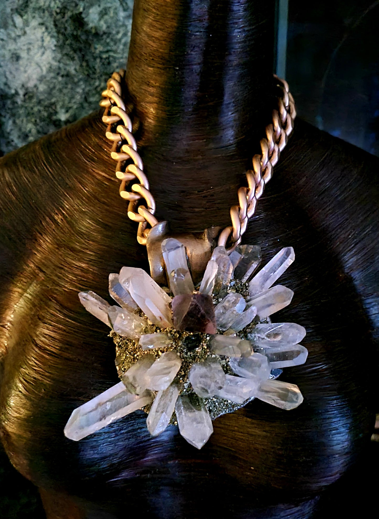 Quartz Fluorite & Pyrite Sculpted Sunburst Pendant, Hip Hop Gemstone Chest Piece, Multi Gemstone Amulet, Avant Garde Talisman, Spiky Pagan Accessory