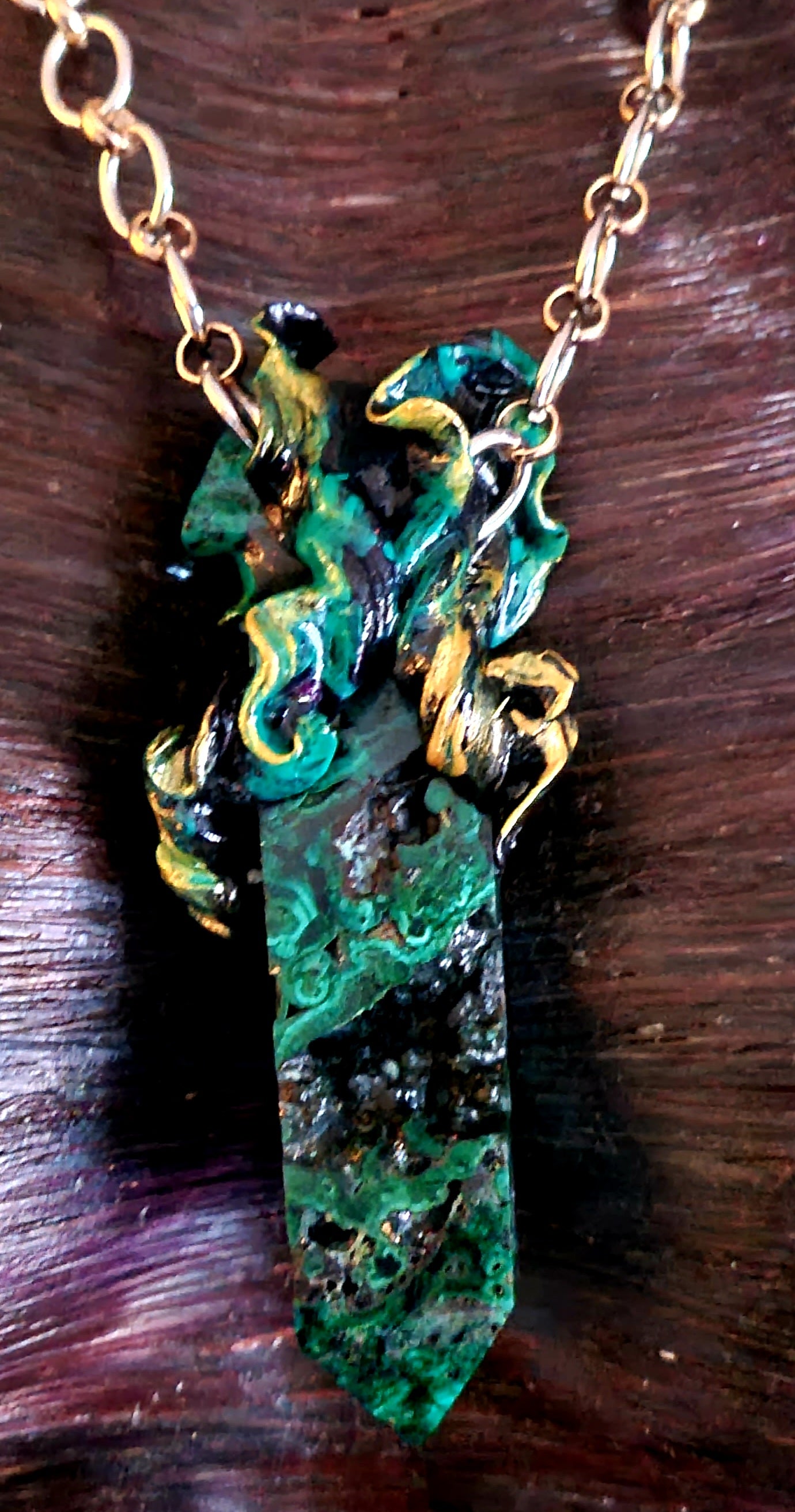 Malachite Druzy Obelisk Pagan Pendant, Green Black Gold Sculpted Tower, Rough Crystal Amulet, Mens Talisman Charm