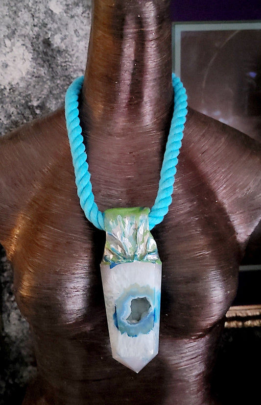 White Crystal Tower Blue Rope Pendant, Blue Druzy Agate Sculpted Chest Piece, Mens Gemstone Talisman, Luxury Geode Charm, Boho Festival Jewelry