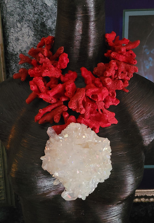 Rough Red Coral Necklace, Womens Aura Quartz Cluster Statement Pendant, Haute Couture Luxury Chest Piece, Jewelry for Women of Wealth