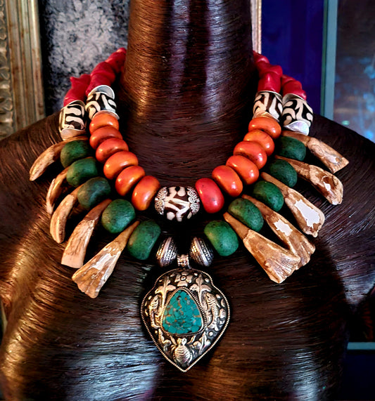 Exotic Tribal Necklace with Moroccan Resin, Zebu Bone & Bison Incisor Teeth
