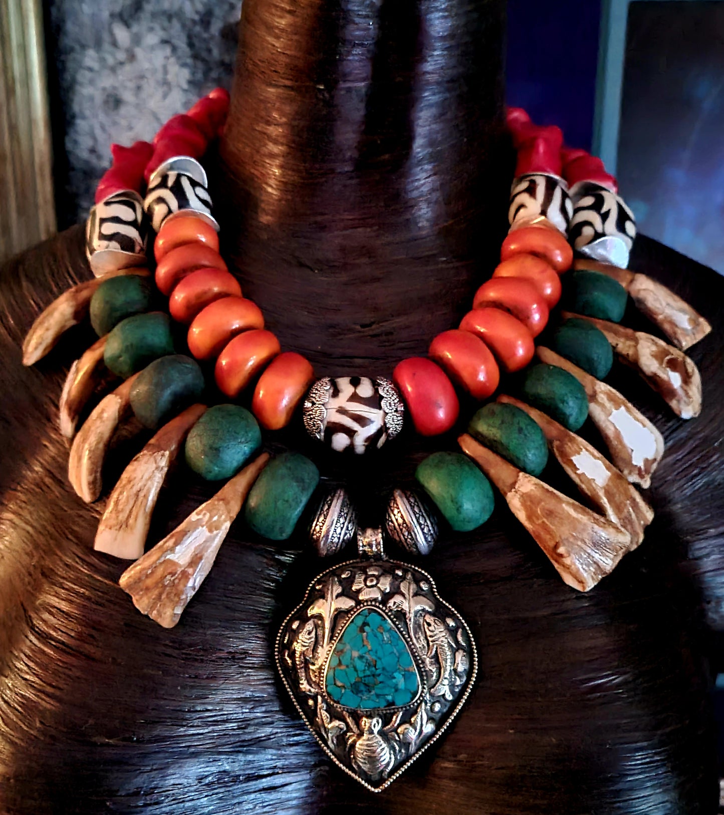 Exotic Tribal Necklace with Moroccan Resin, Zebu Bone & Bison Incisor Teeth