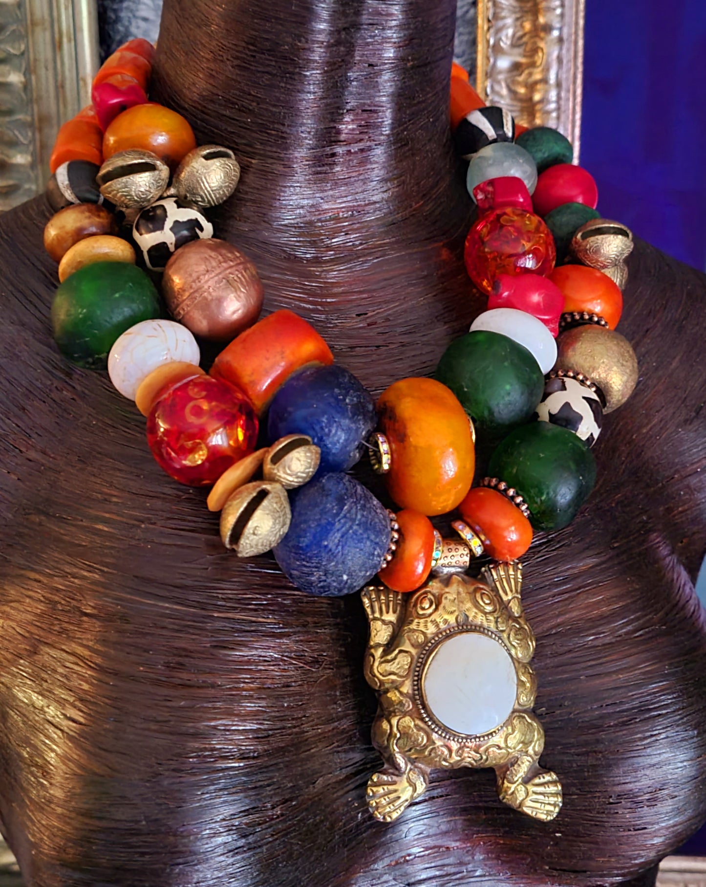 Oversized Beaded African Tribal Necklace With Tibetan Brass Repousse Frog Pendant