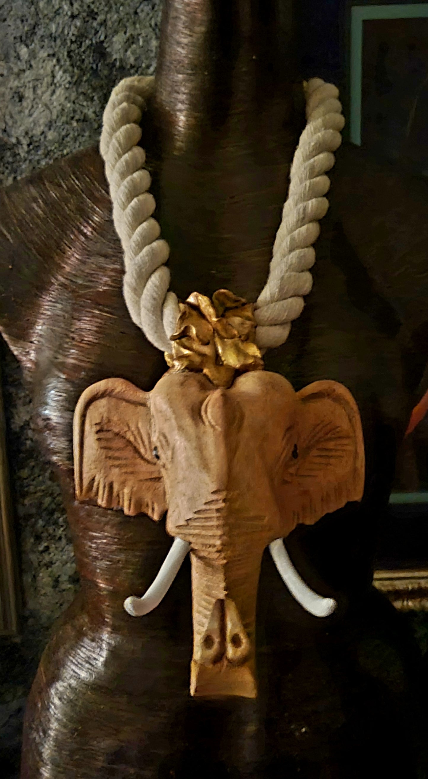 Huge Hand Carved Sculpted Elephant Head On A Thick Beige Cotton Rope
