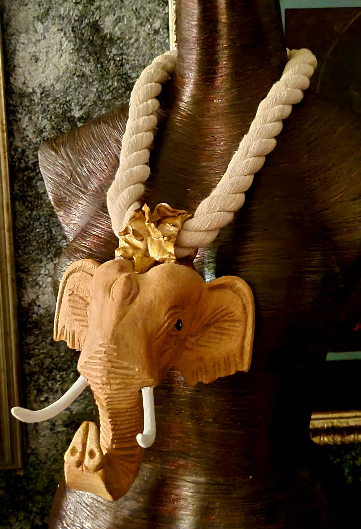 Huge Hand Carved Sculpted Elephant Head On A Thick Beige Cotton Rope