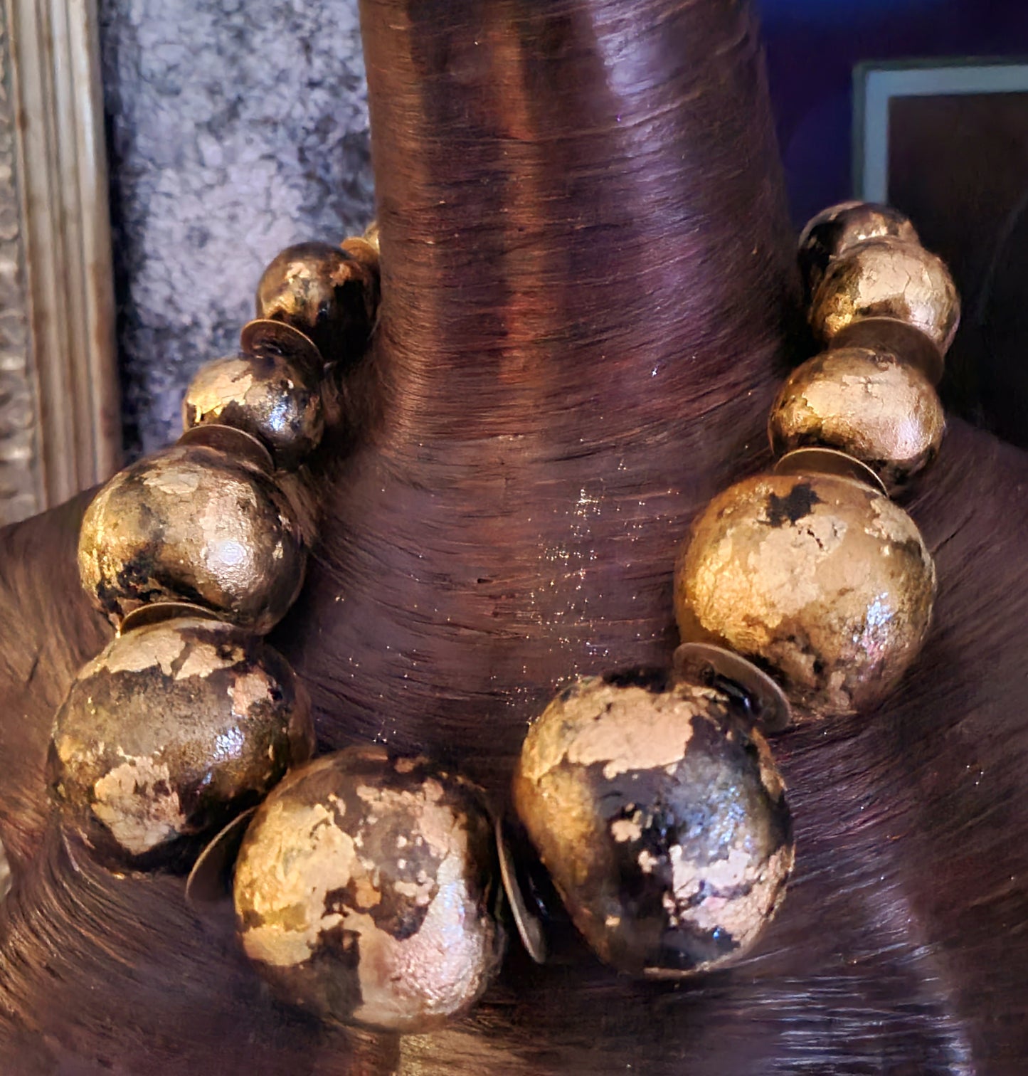 Goldleaf Hand Sculpted Jumbo Beaded Socialite Art to Wear Statement Necklace