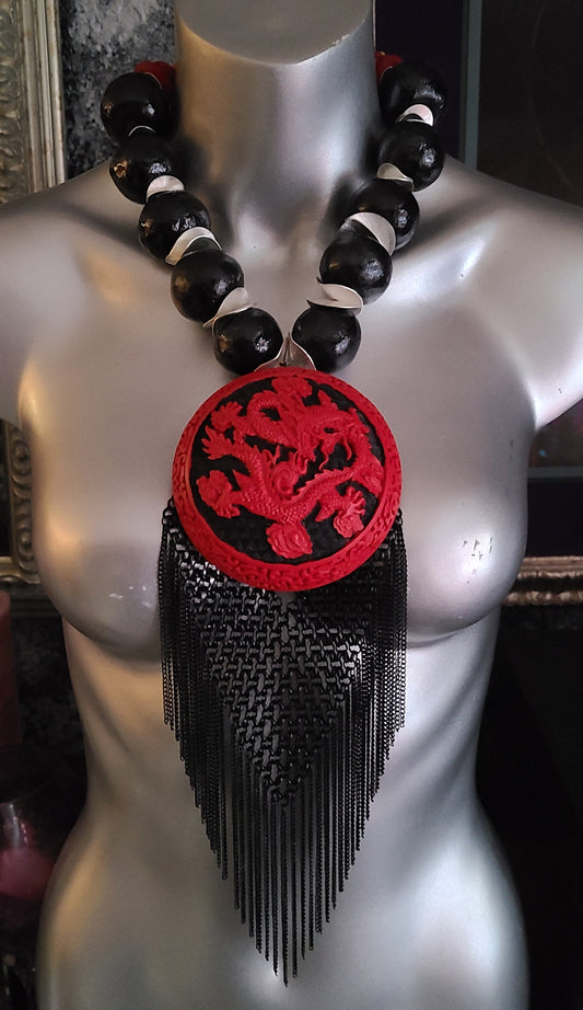 Red and Black Chinese Cinnabar Lacquer & Chain Mail Exotic Chest Piece for Unisex