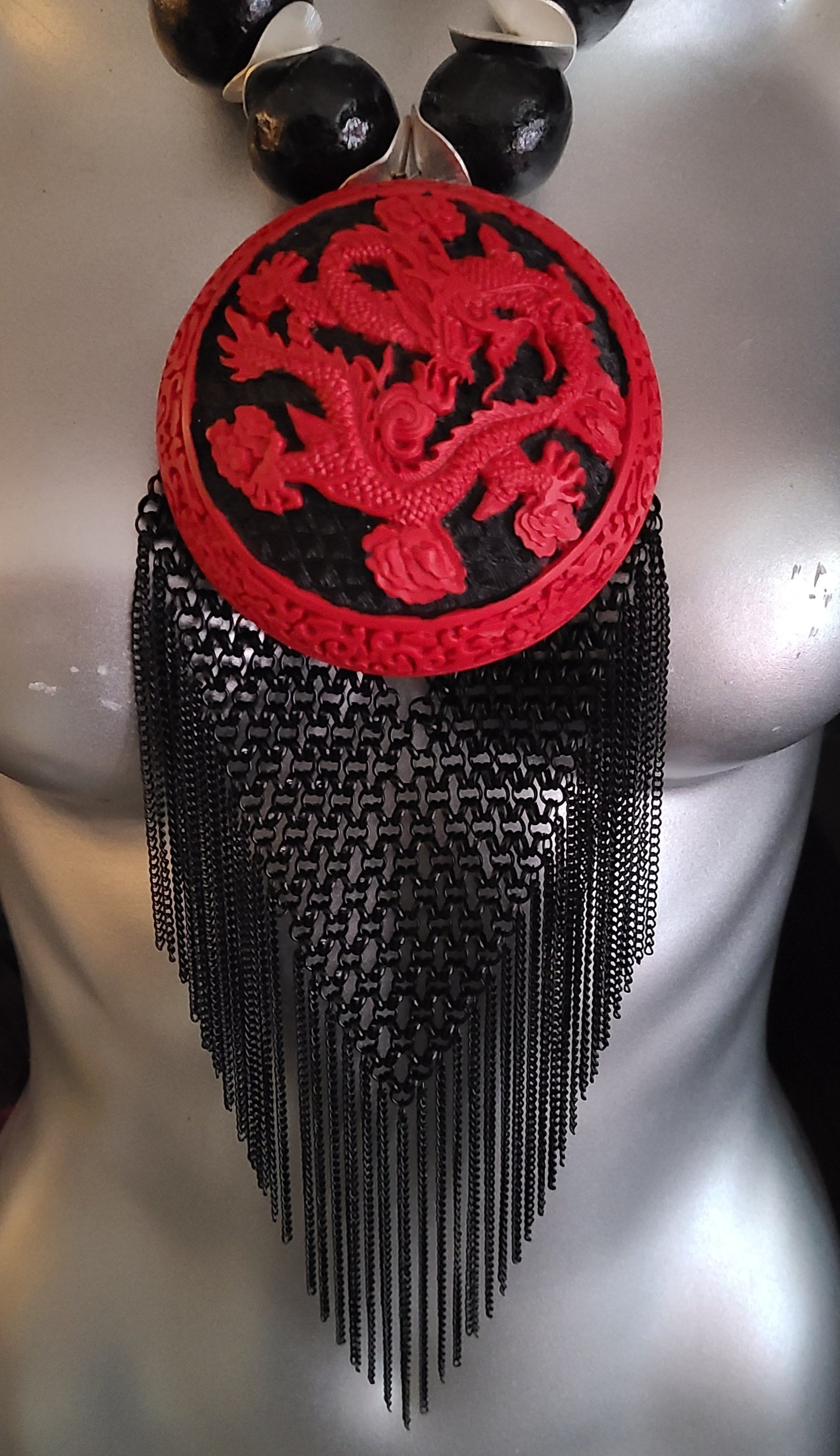 Red and Black Chinese Cinnabar Lacquer & Chain Mail Exotic Chest Piece for Unisex