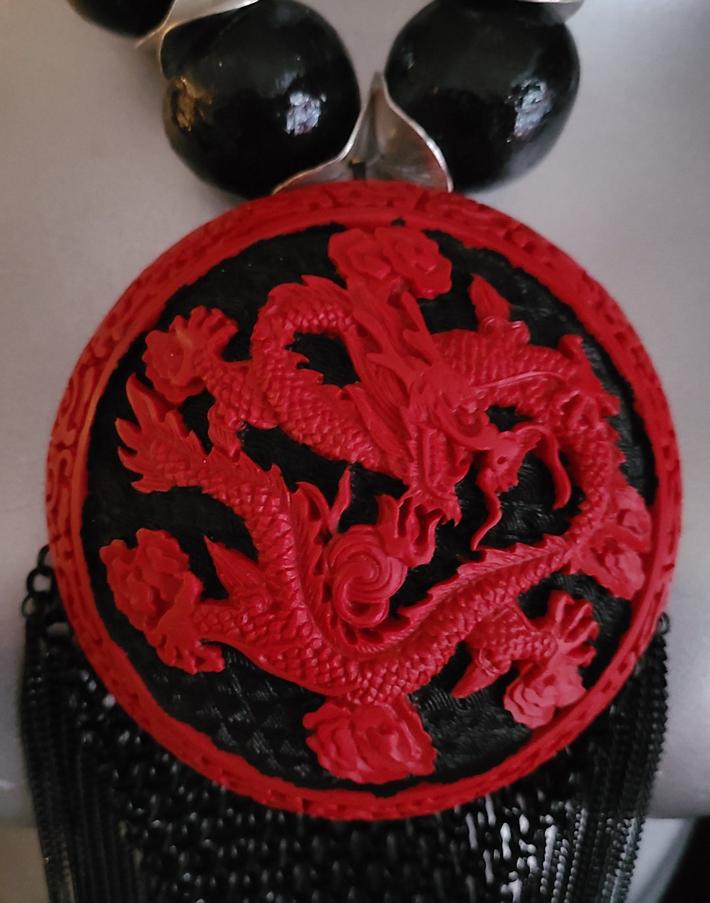 Red and Black Chinese Cinnabar Lacquer & Chain Mail Exotic Chest Piece for Unisex