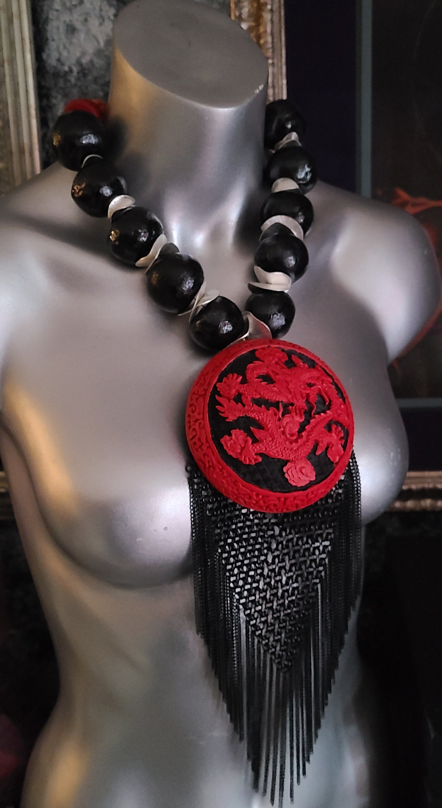 Red and Black Chinese Cinnabar Lacquer & Chain Mail Exotic Chest Piece for Unisex