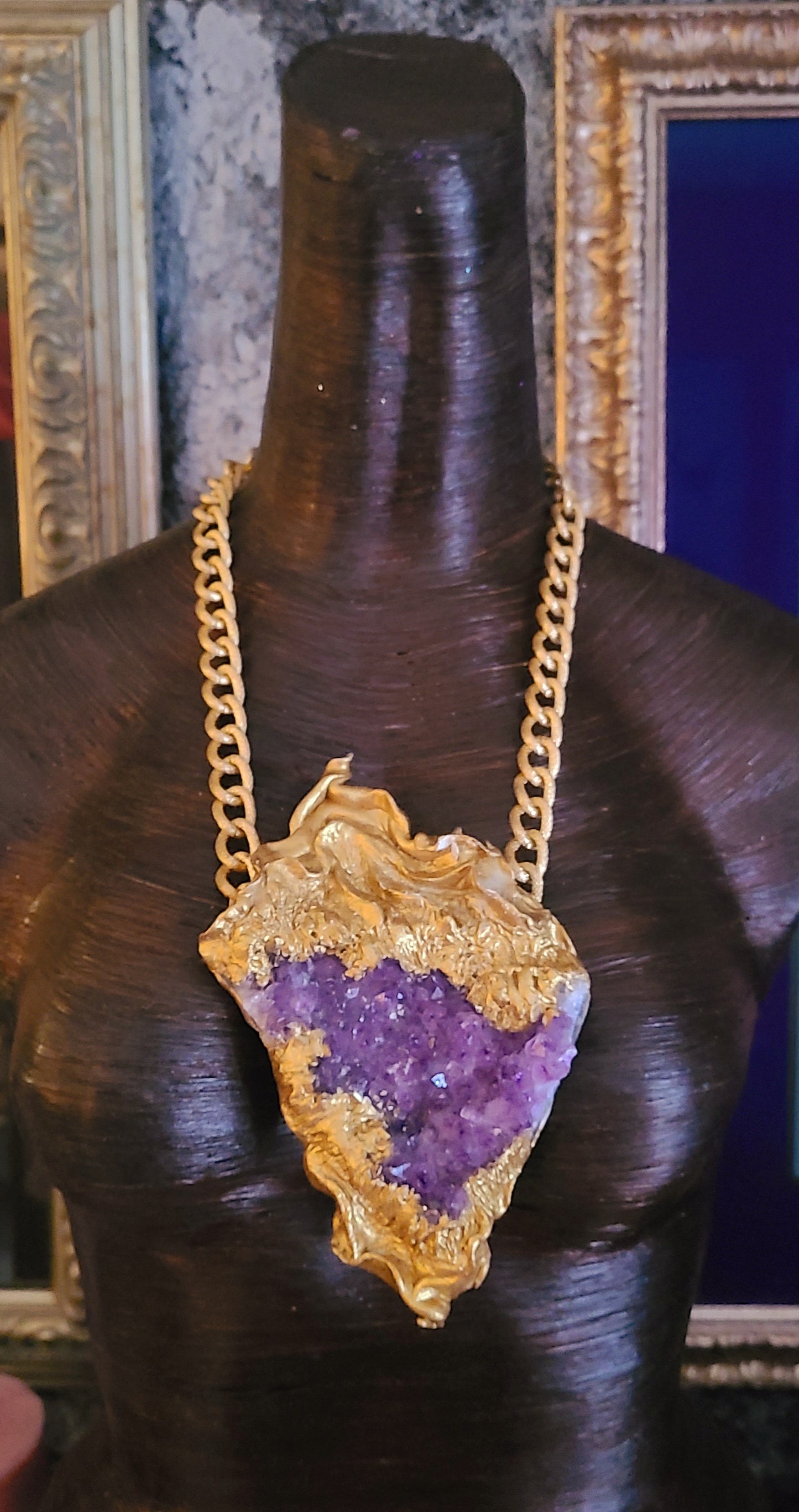 Rough Amethyst with Sculpted Gold Baroque Setting Heavy Luxury Statement Pendant