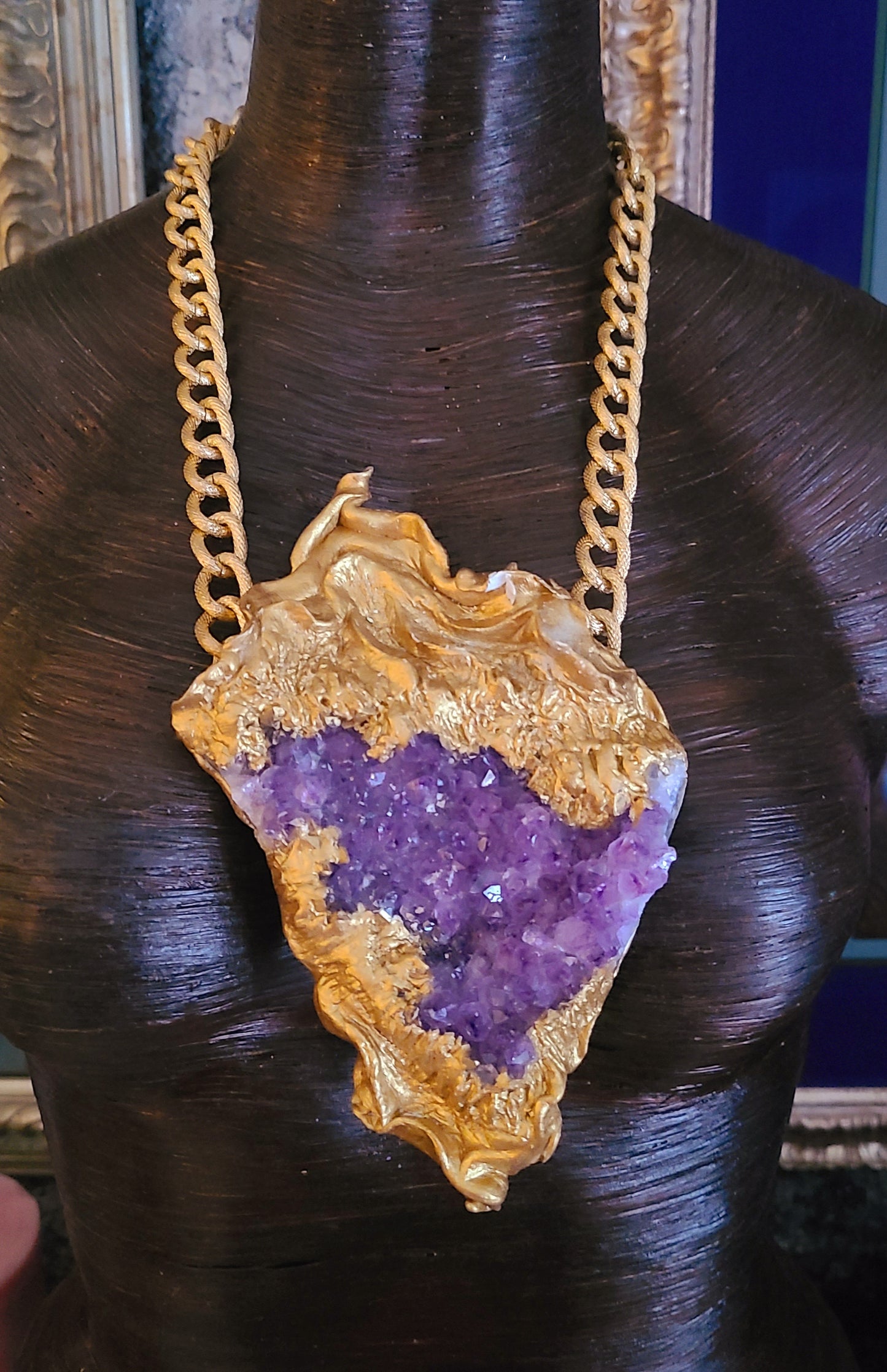 Rough Amethyst with Sculpted Gold Baroque Setting Heavy Luxury Statement Pendant