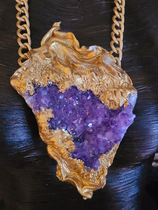 Rough Amethyst with Sculpted Gold Baroque Setting Heavy Luxury Statement Pendant