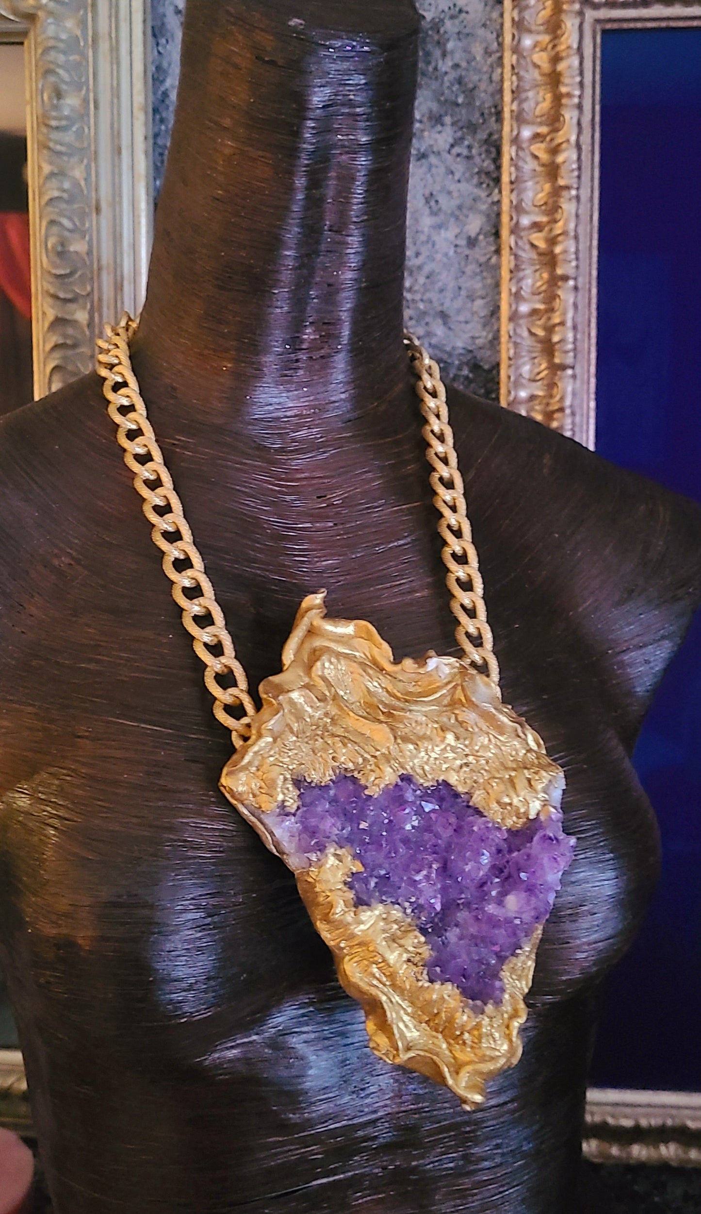 Rough Amethyst with Sculpted Gold Baroque Setting Heavy Luxury Statement Pendant