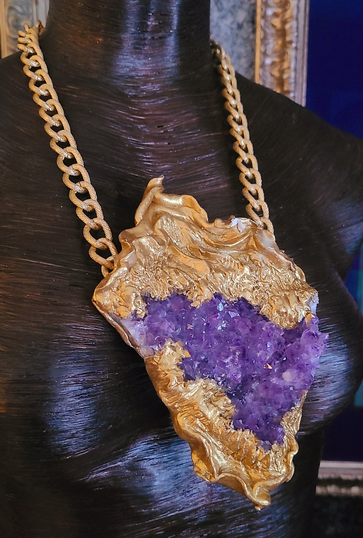 Rough Amethyst with Sculpted Gold Baroque Setting Heavy Luxury Statement Pendant