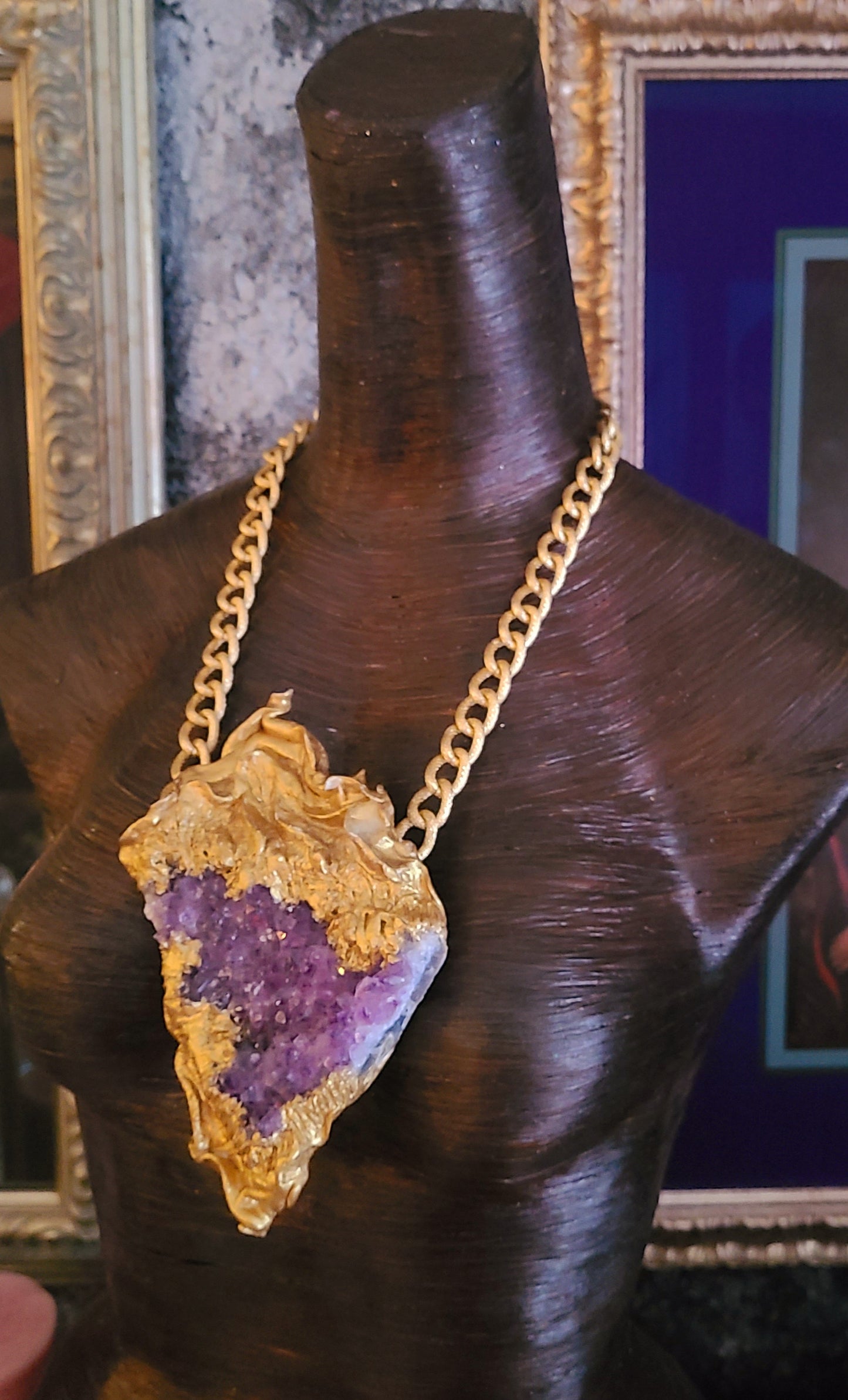 Rough Amethyst with Sculpted Gold Baroque Setting Heavy Luxury Statement Pendant