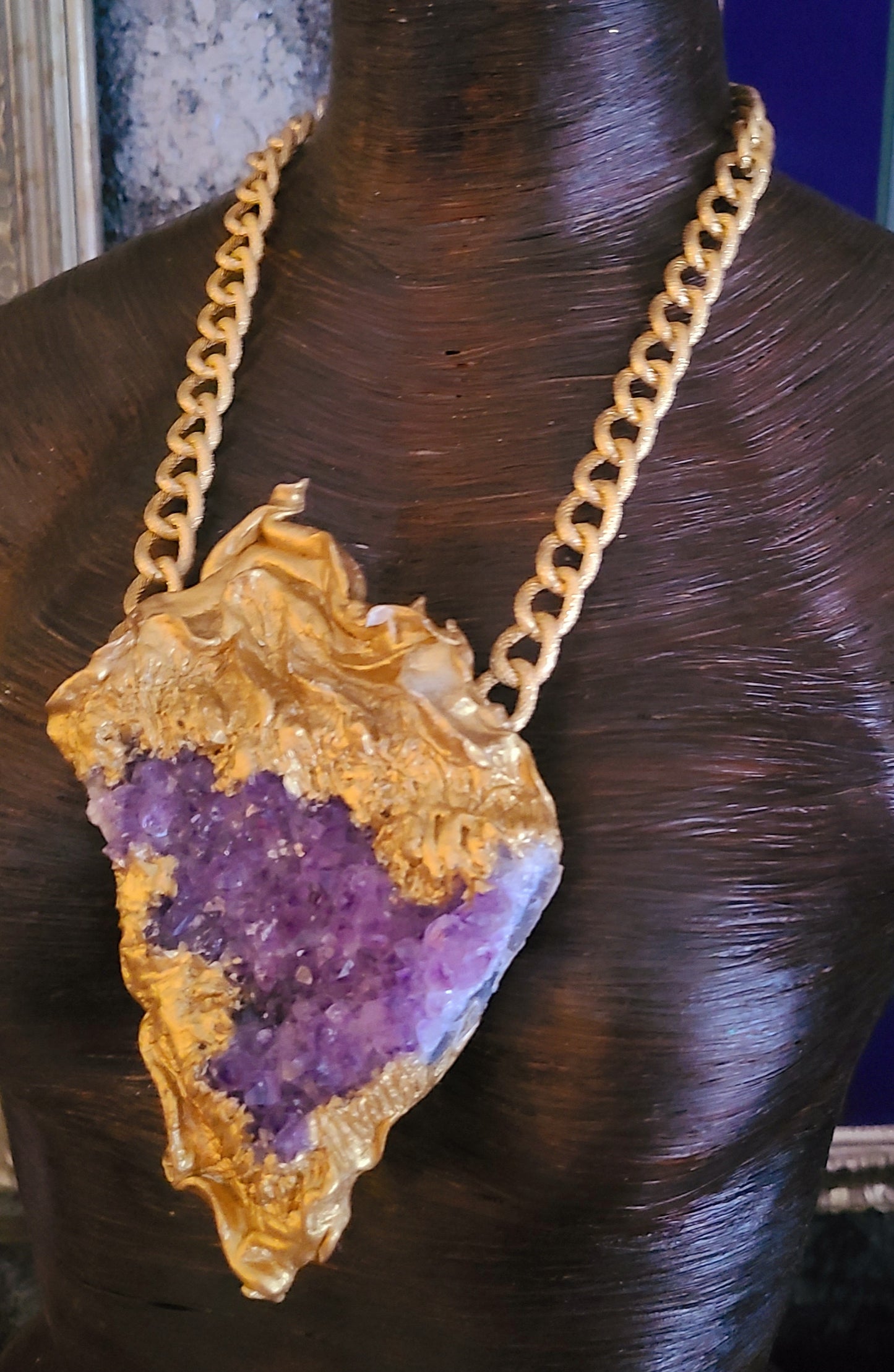 Rough Amethyst with Sculpted Gold Baroque Setting Heavy Luxury Statement Pendant