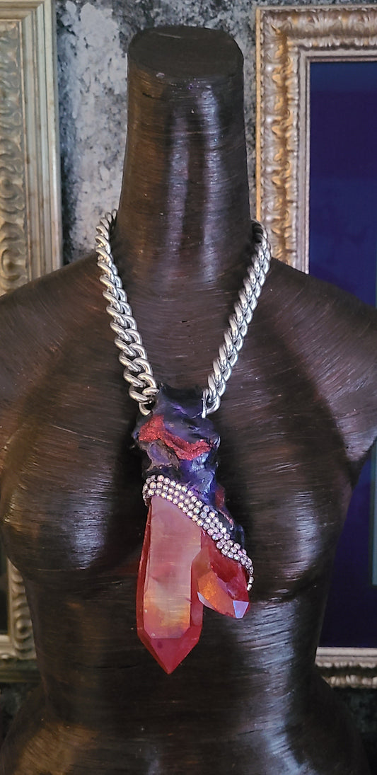 Ruby Red Aura Quartz & Rhinestone Gemstone Pendant, OOAK Gemmy Sculpted Talisman, Flame Crystal Unisex Amulet