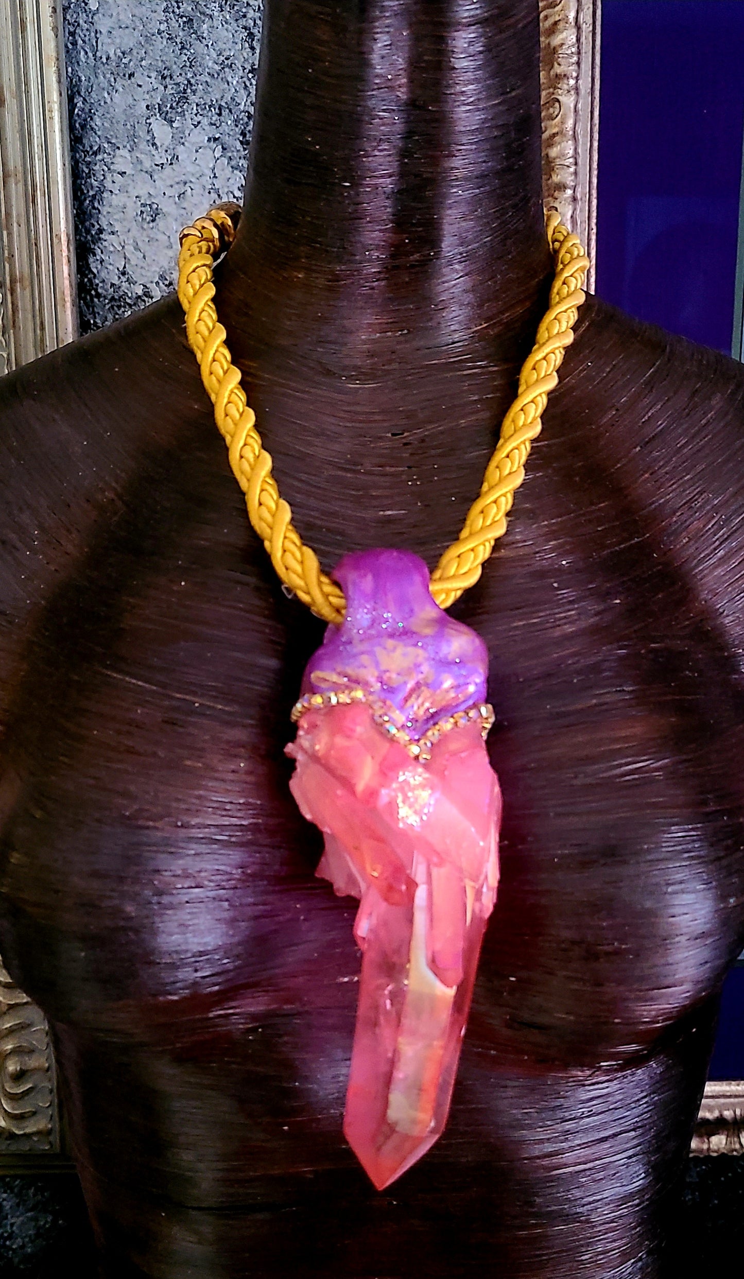 Gemmy Pink Orange Rough Crystal Quartz Sculpted Bohemian Pendant Chest Piece on Silk Rope