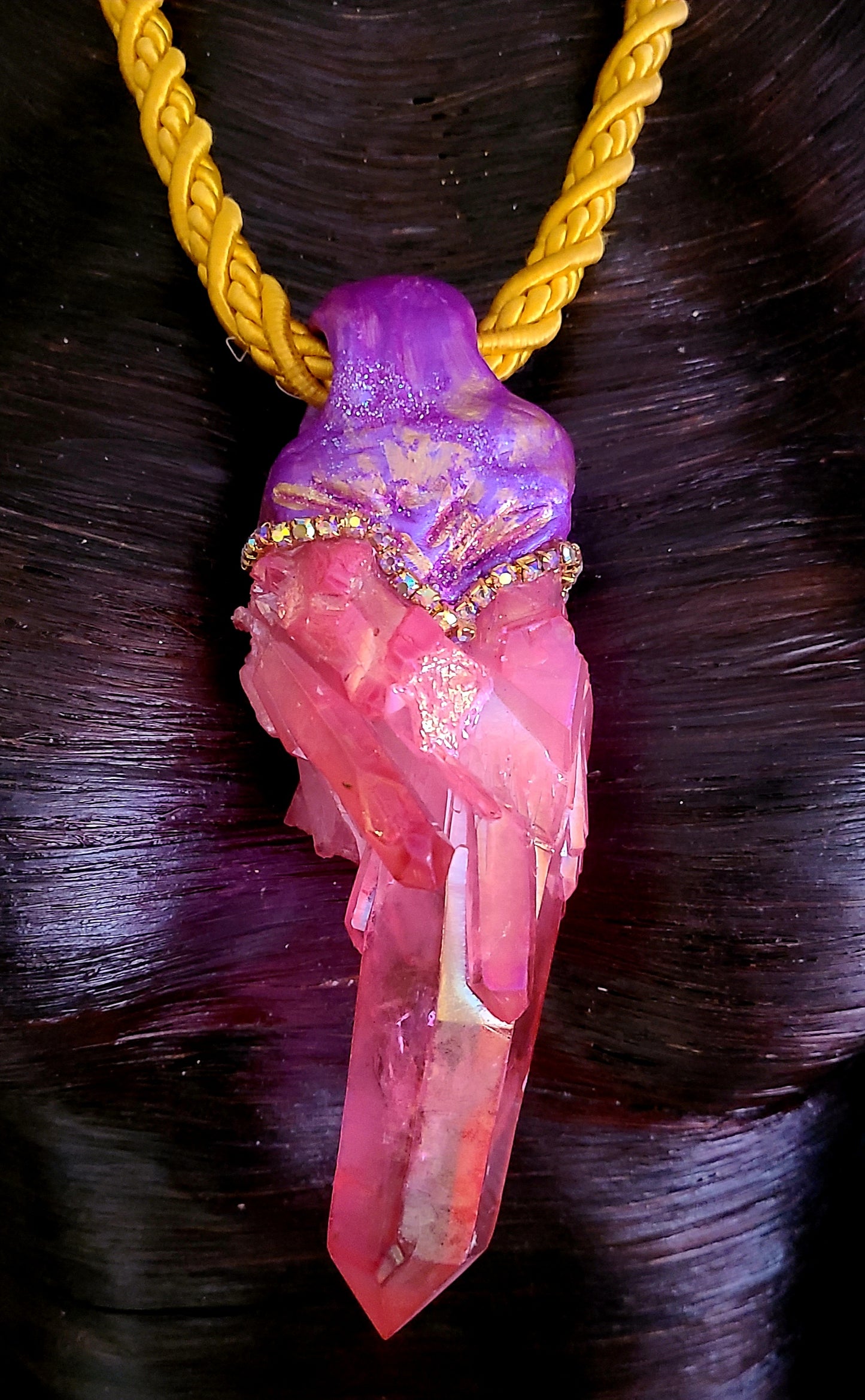 Gemmy Pink Orange Rough Crystal Quartz Sculpted Bohemian Pendant Chest Piece on Silk Rope