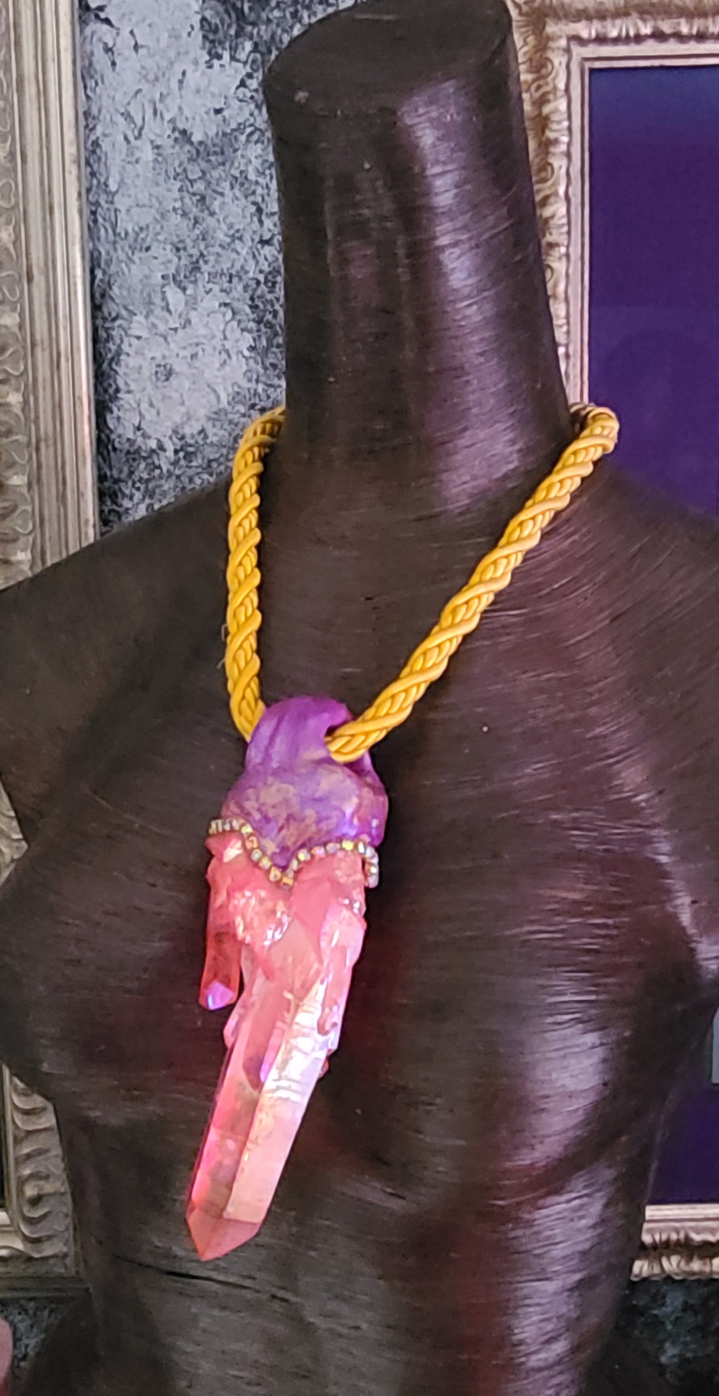 Gemmy Pink Orange Rough Crystal Quartz Sculpted Bohemian Pendant Chest Piece on Silk Rope