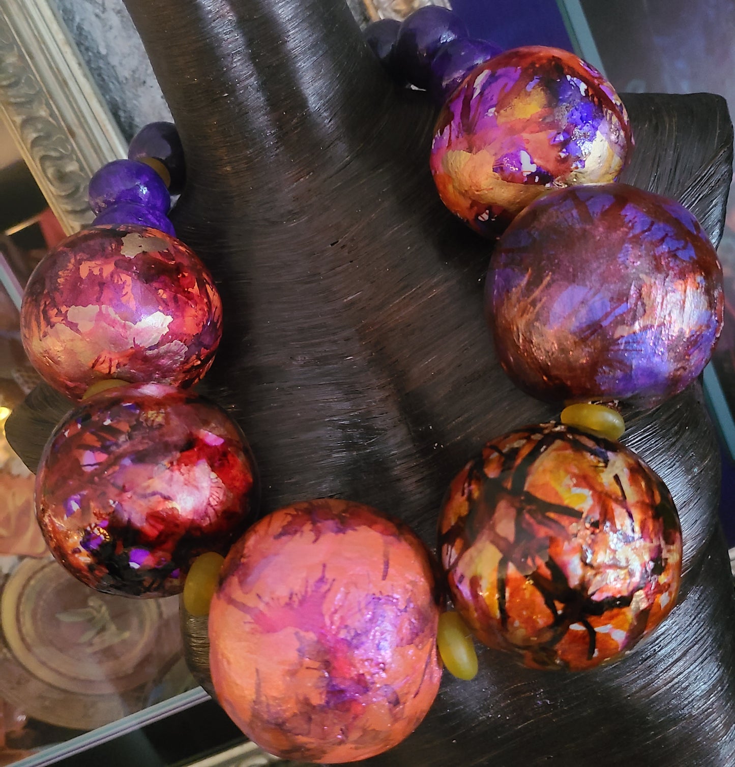 Jumbo Hand Sculpted Purple Alcohol Ink Beaded Necklace, Massive Orb Wearable Art Neck Statement Piece, Haute Couture Catwalk Accessory